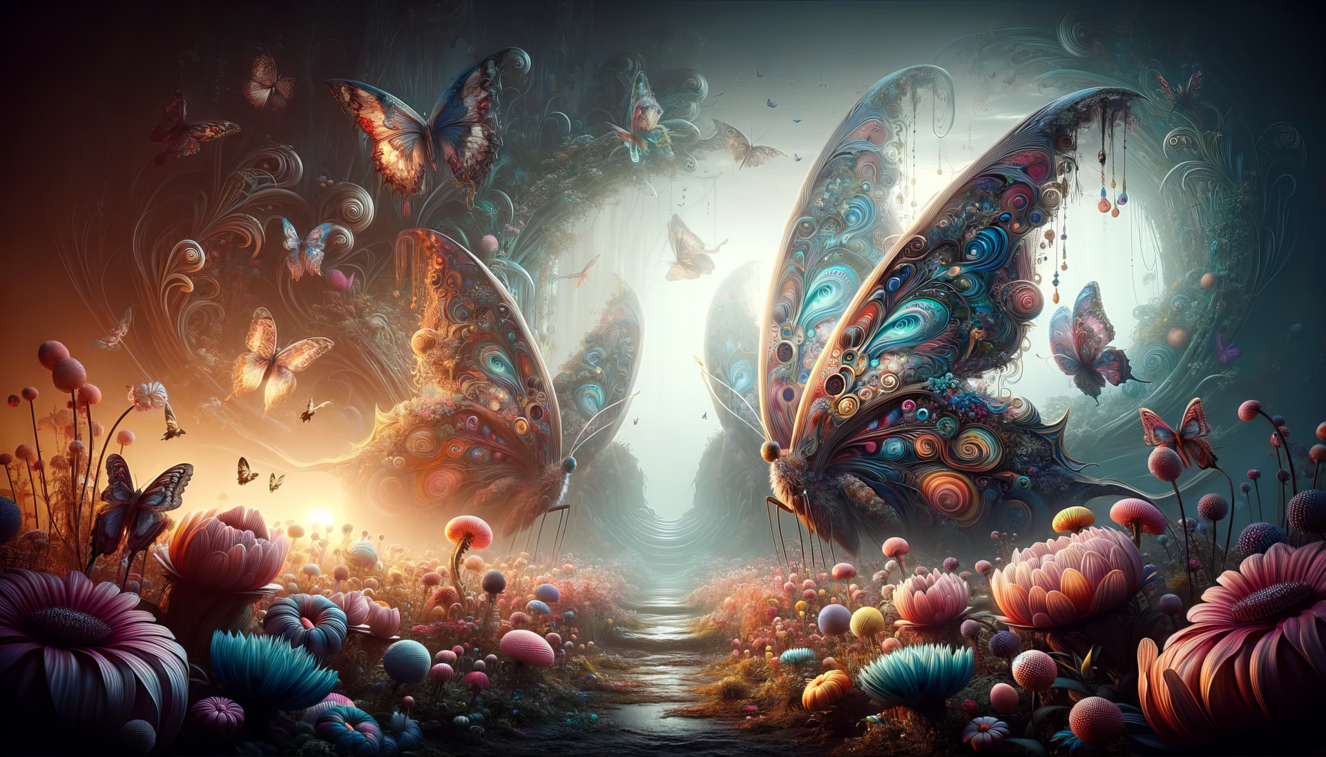 HD desktop wallpaper featuring a whimsical butterfly garden with vibrant, fantastical butterflies and flora.