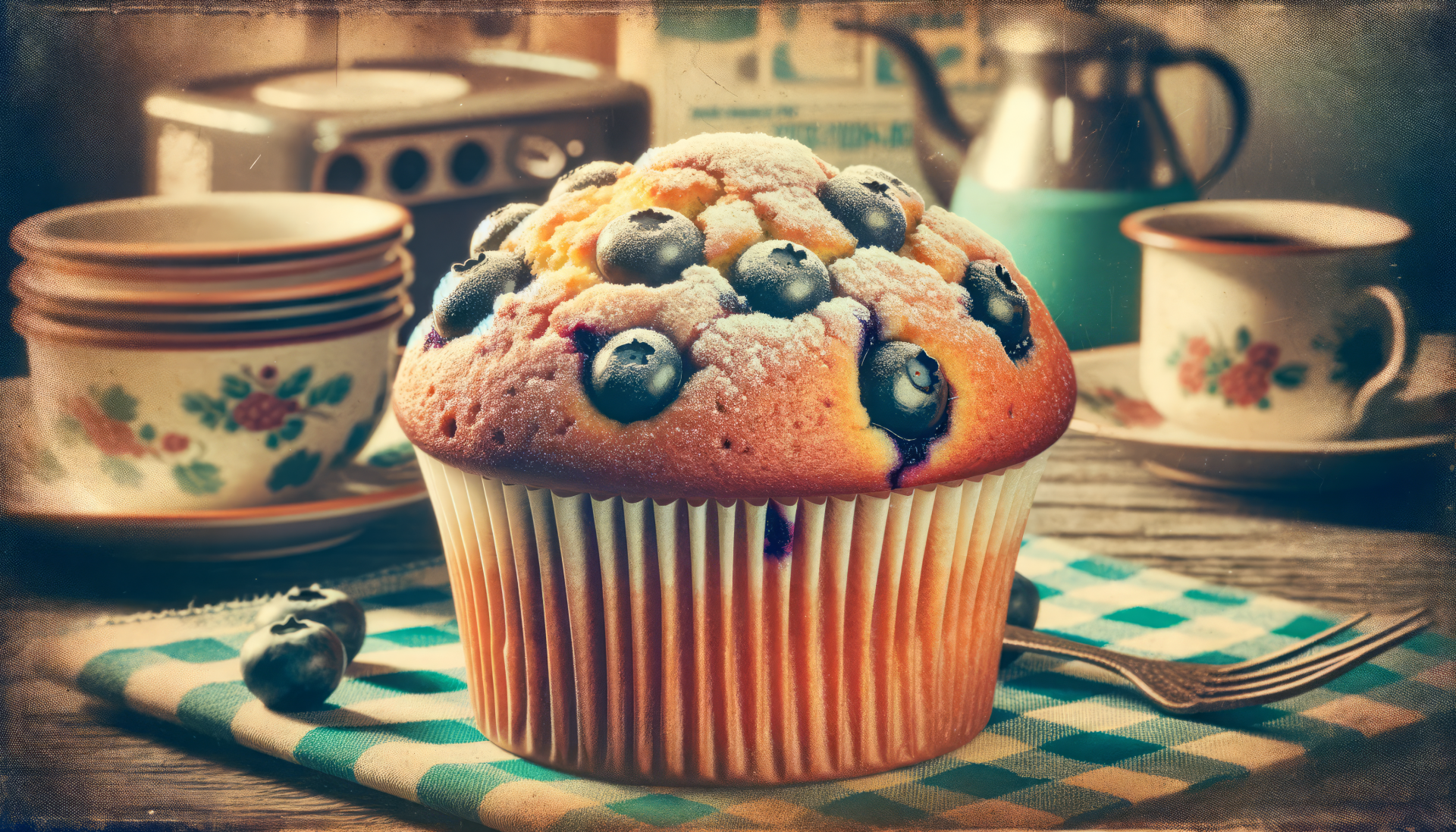 HD wallpaper of a freshly baked blueberry muffin on a vintage kitchen background.
