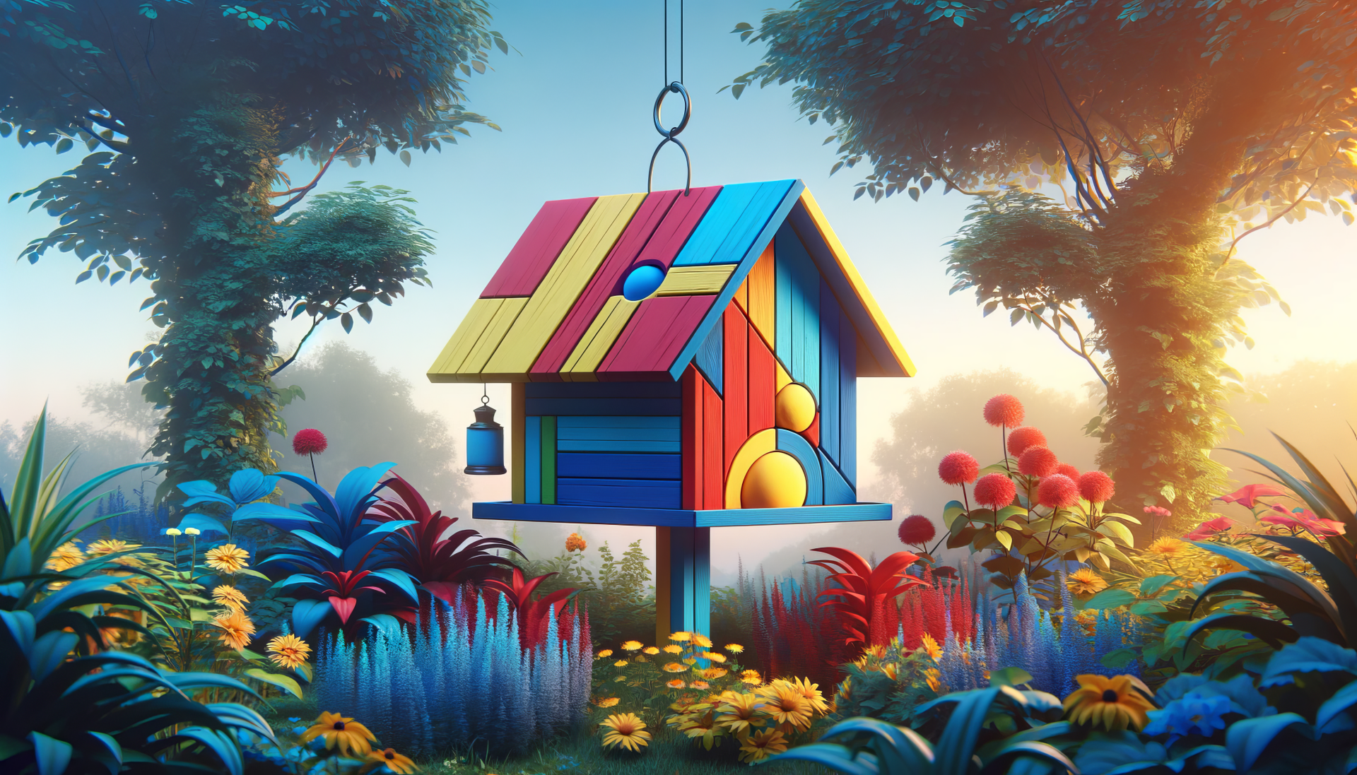 Colorful bird feeder surrounded by vibrant flowers and greenery, creating a whimsical scene. This HD wallpaper adds a lively touch to any desktop background.