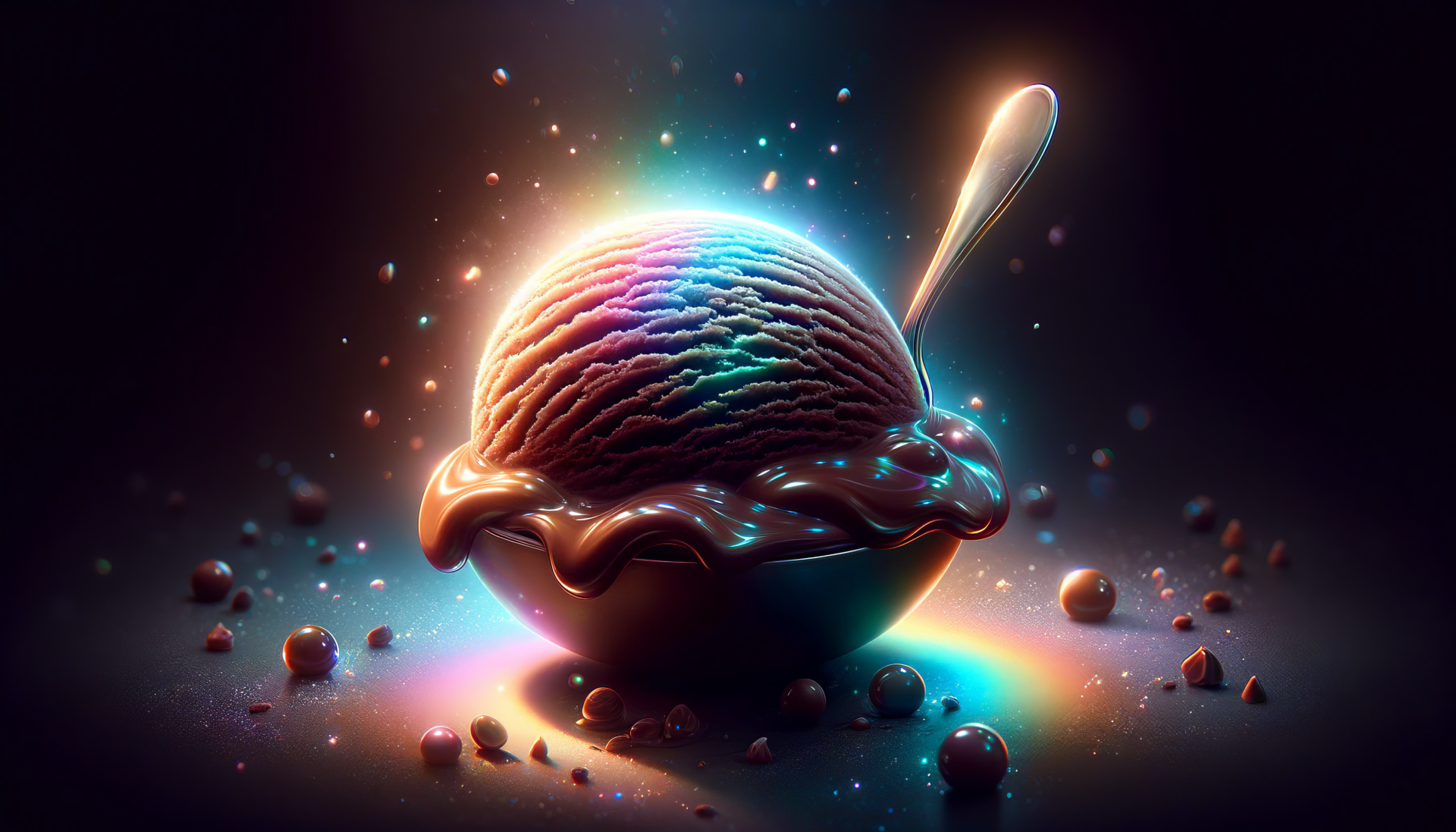 A vibrant HD desktop wallpaper featuring a rich chocolate ice cream scoop in a bowl, surrounded by colorful splashes and sparkling elements, evoking a sense of indulgence.