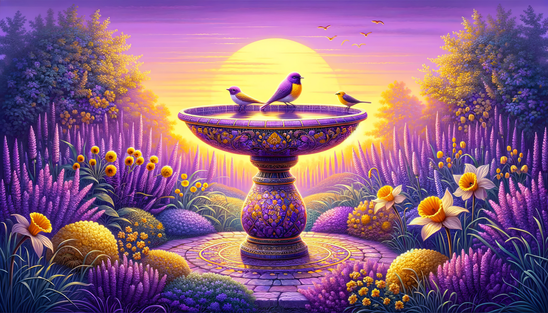 HD wallpaper of a whimsical bird bath scene with birds perched on a decorative basin amidst a vibrant, floral landscape at sunset.