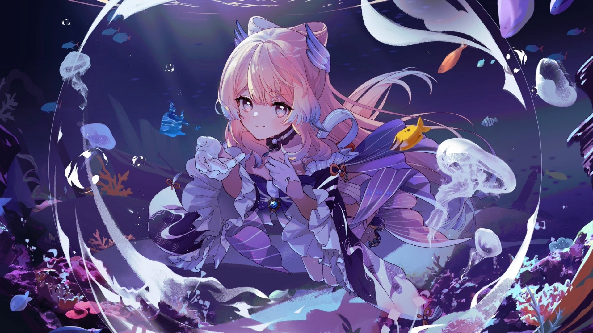 HD PC desktop wallpaper featuring Sangonomiya Kokomi from Genshin Impact surrounded by glowing jellyfish and underwater elements in a vibrant, mystical setting.
