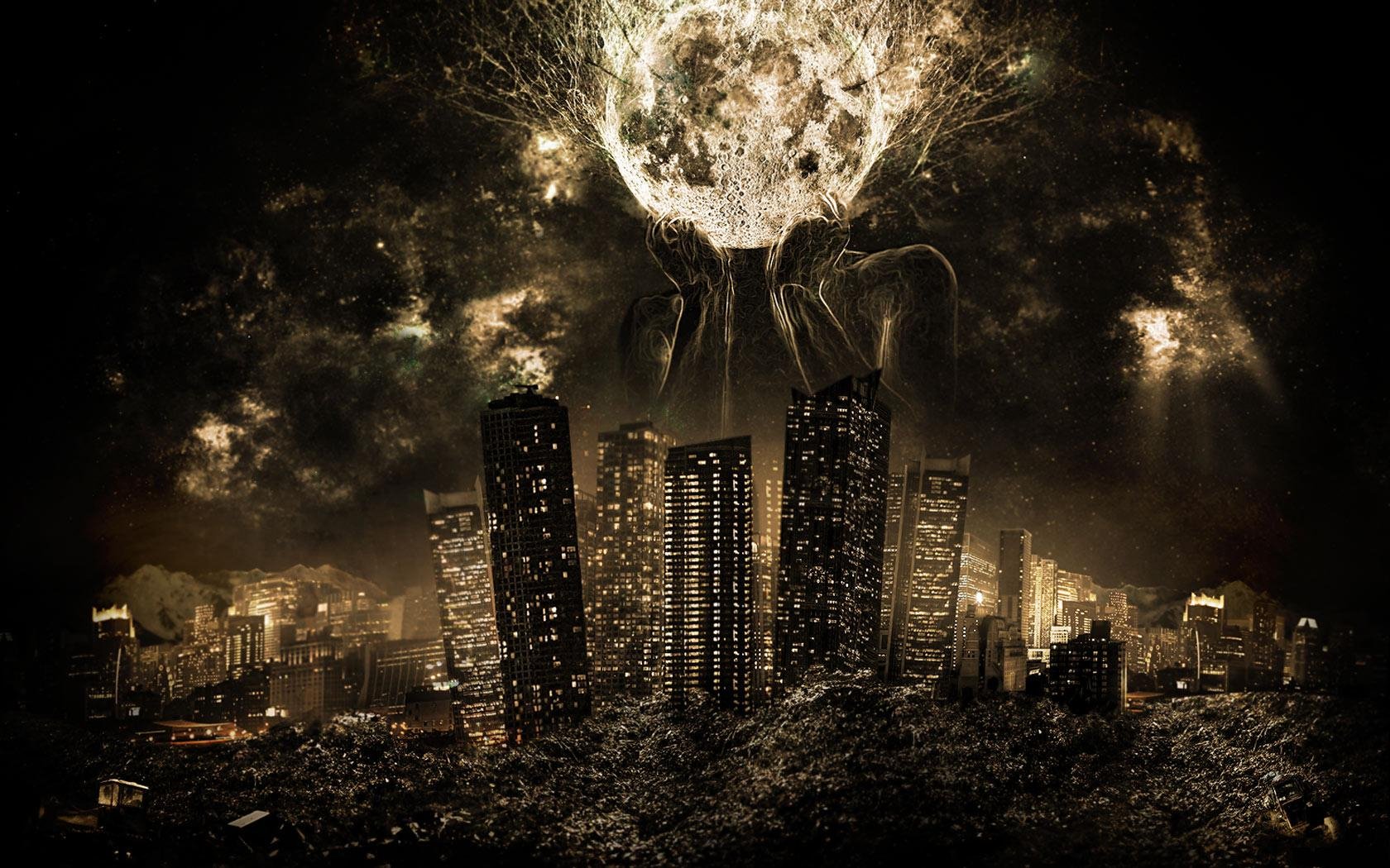 A dark fantasy cityscape featuring towering skyscrapers under a dramatic sky, where celestial hands cradle a luminous moon, creating a captivating HD wallpaper for PCs.