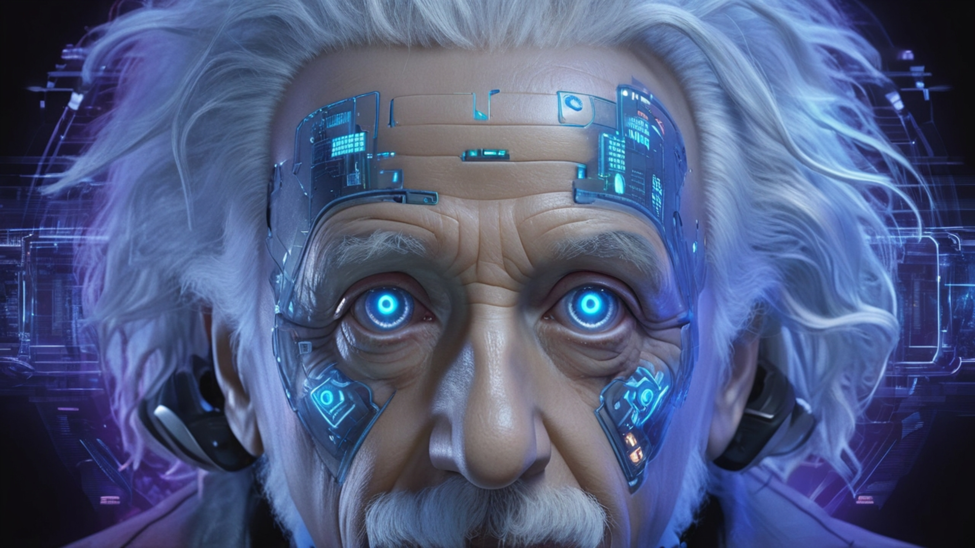Cyberpunk-themed HD desktop wallpaper featuring a futuristic Albert Einstein with glowing blue cybernetic implants and advanced technology integrated into his face.