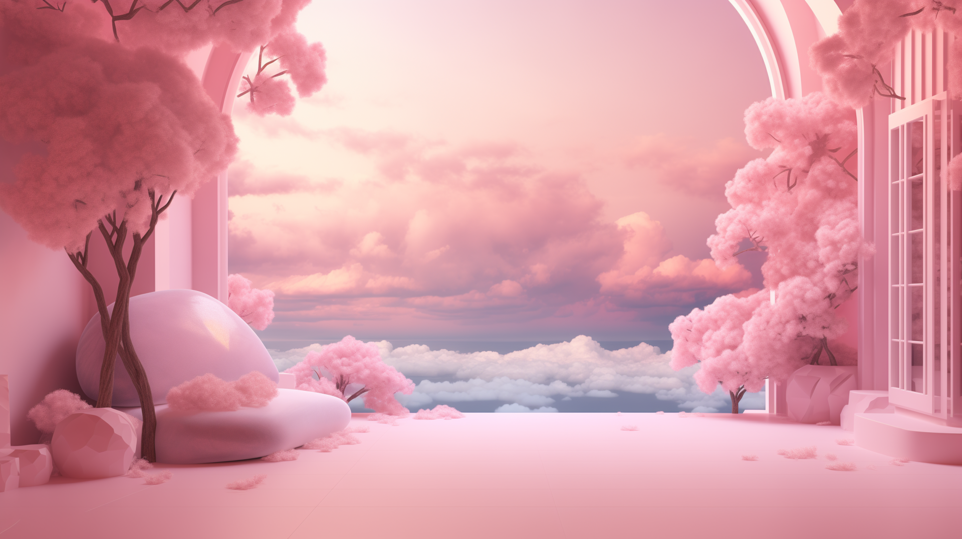 A dreamy pink aesthetic scene featuring fluffy clouds and pastel trees, creating a serene atmosphere, designed as an HD desktop wallpaper and background.