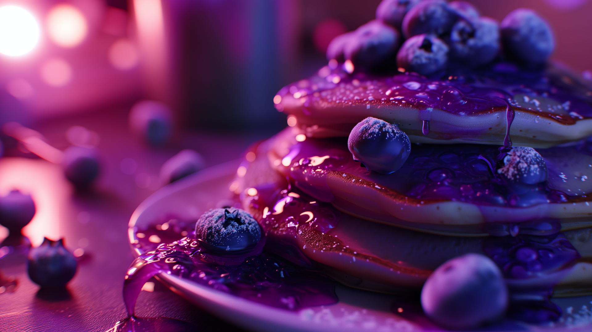 A close-up of fluffy blueberry pancakes drizzled with syrup and topped with fresh blueberries, creating a vibrant and mouthwatering desktop wallpaper.