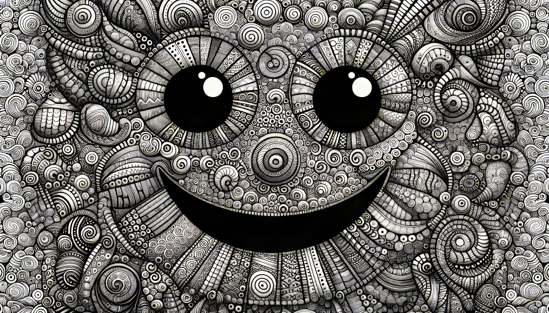 A vibrant HD desktop wallpaper featuring a happy face composed of intricate patterns and swirls, exuding a joyful and playful vibe.