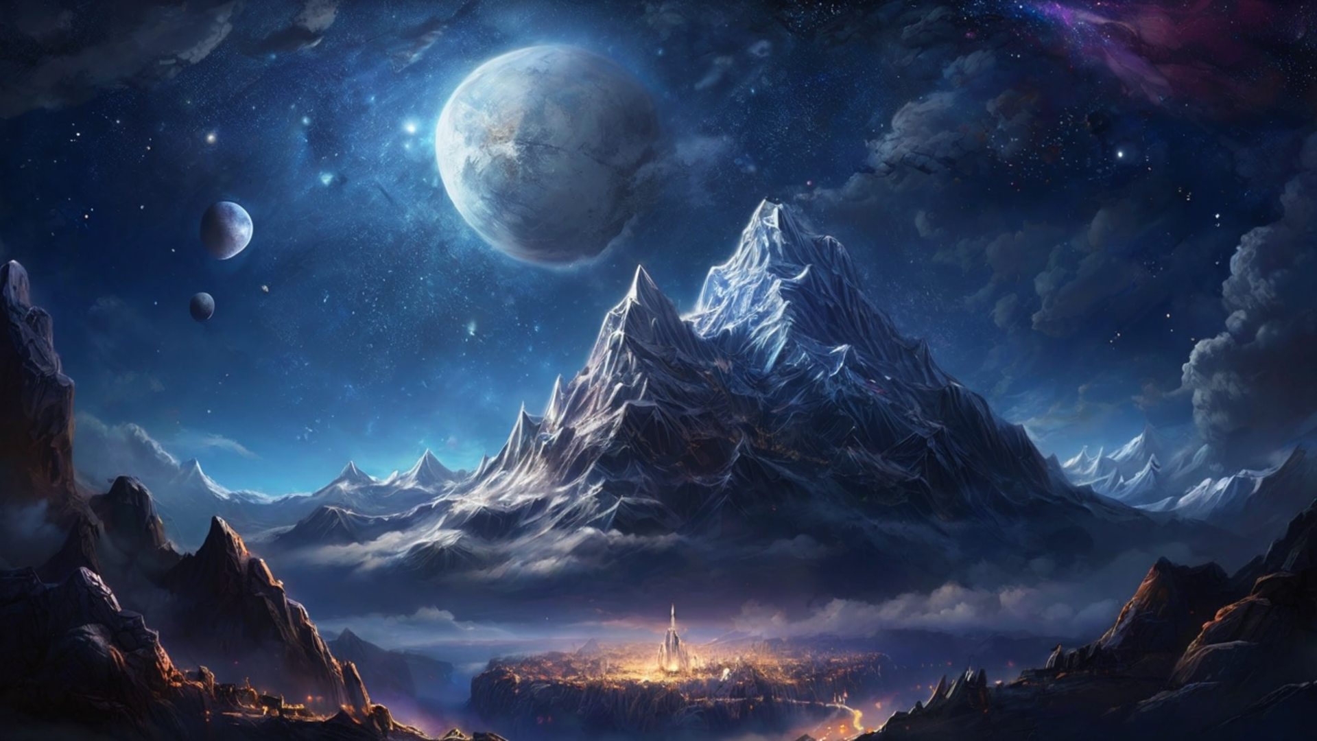 HD PC desktop wallpaper showing a night sky with planets above towering mountains and a glowing town below, capturing a vivid space and mountain landscape.
