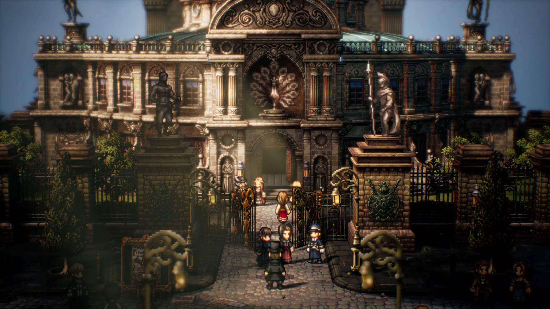 HD desktop wallpaper featuring a scene from Octopath Traveler II video game with characters in front of an ornate building.