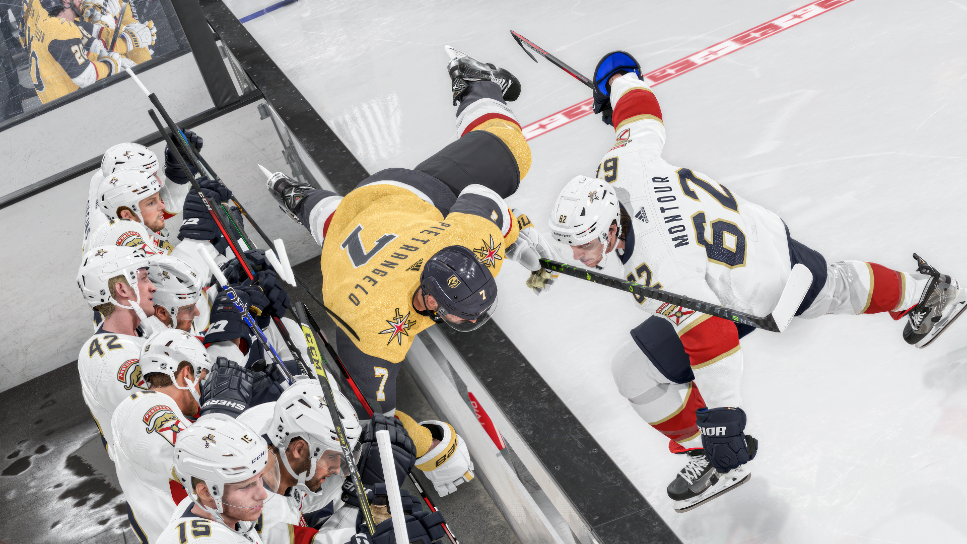 Hockey action from video game NHL 24 captured in HD desktop wallpaper featuring players by the rink boards.