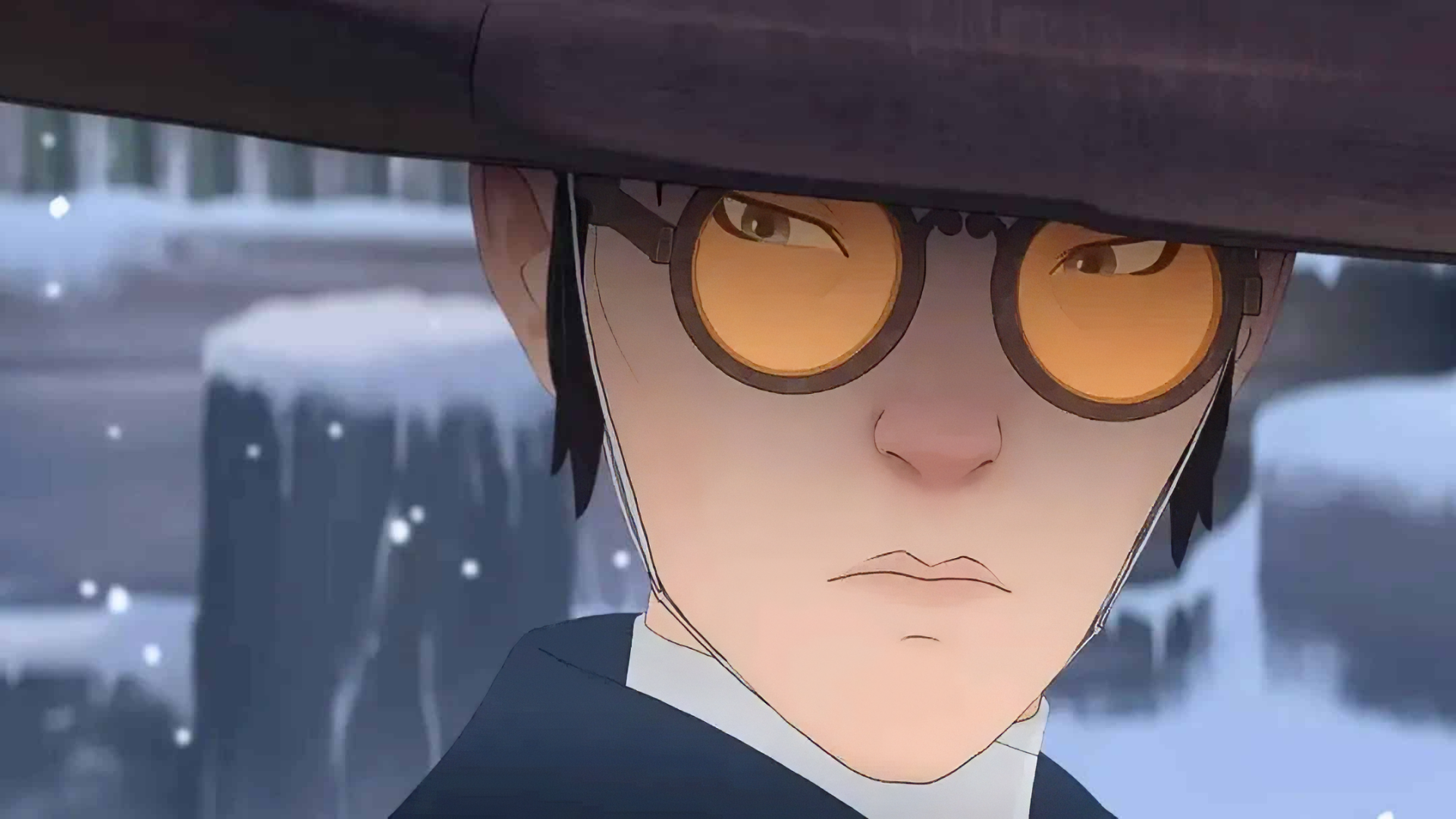 Anime-style HD wallpaper featuring a blue-eyed samurai with intense expression, wearing a hat and round glasses, set against a snowy background.