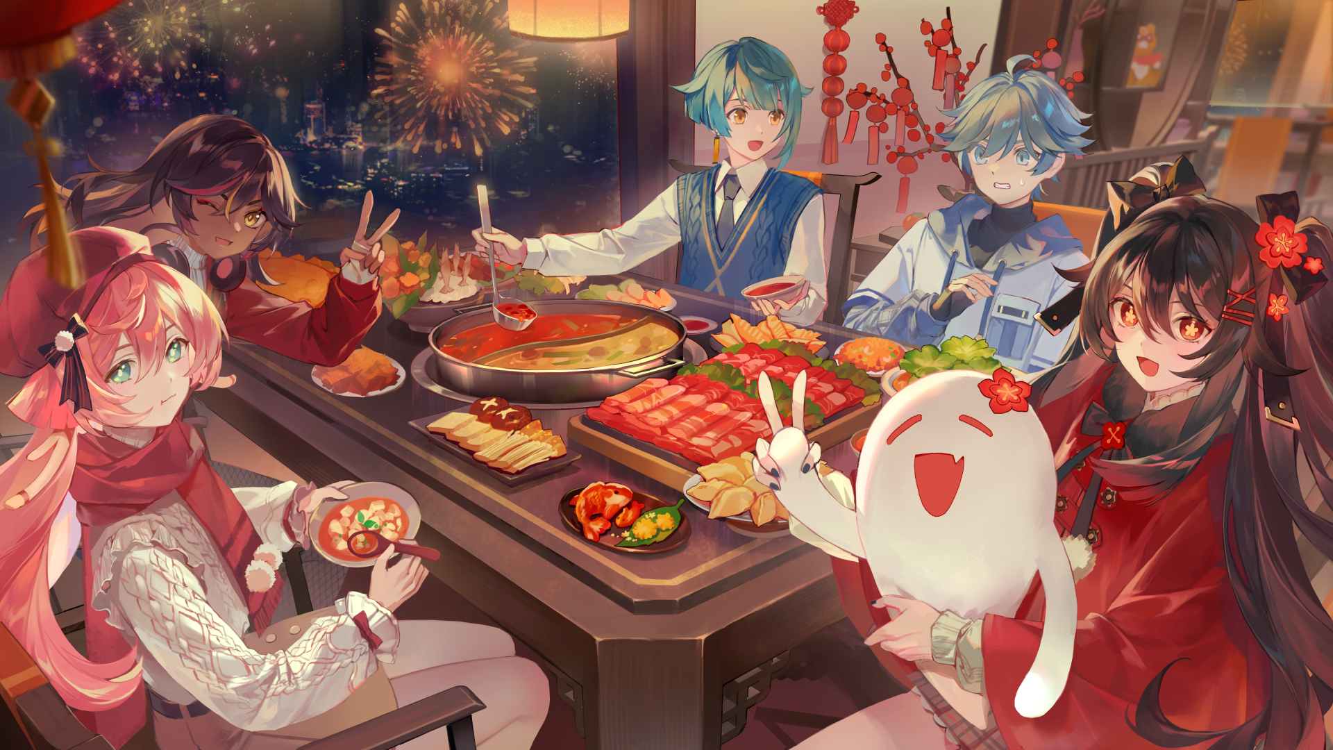 4K Ultra HD desktop wallpaper featuring Genshin Impact characters Xinyan, Yanfei, Xingqiu, and Chongyun enjoying a festive meal together.