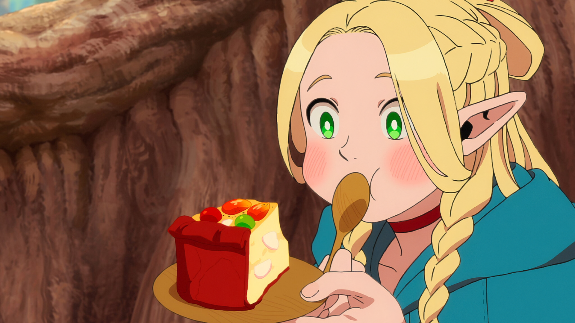 A vibrant HD anime wallpaper featuring Marcille Donato from Delicious in Dungeon, joyfully taking a bite of a colorful dessert with a spoon.