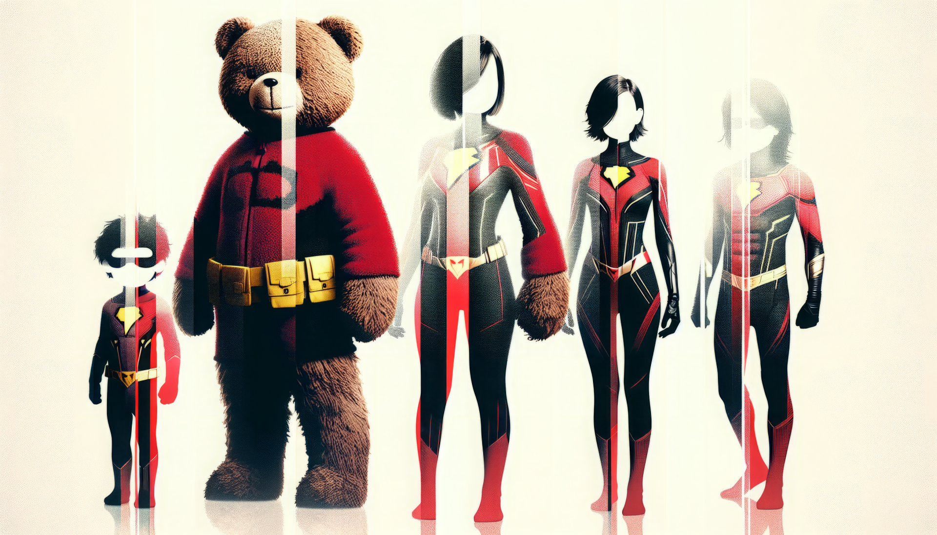 HD wallpaper featuring characters from The Incredibles, including a teddy bear and various superheroes in striking red and black suits, creating a dynamic and colorful background.