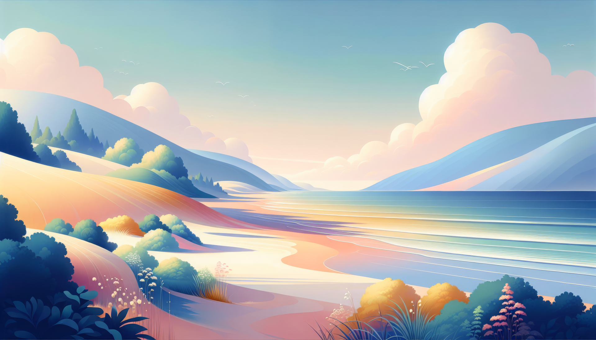 HD desktop wallpaper featuring a serene landscape with a sunset, beach, and mountains.