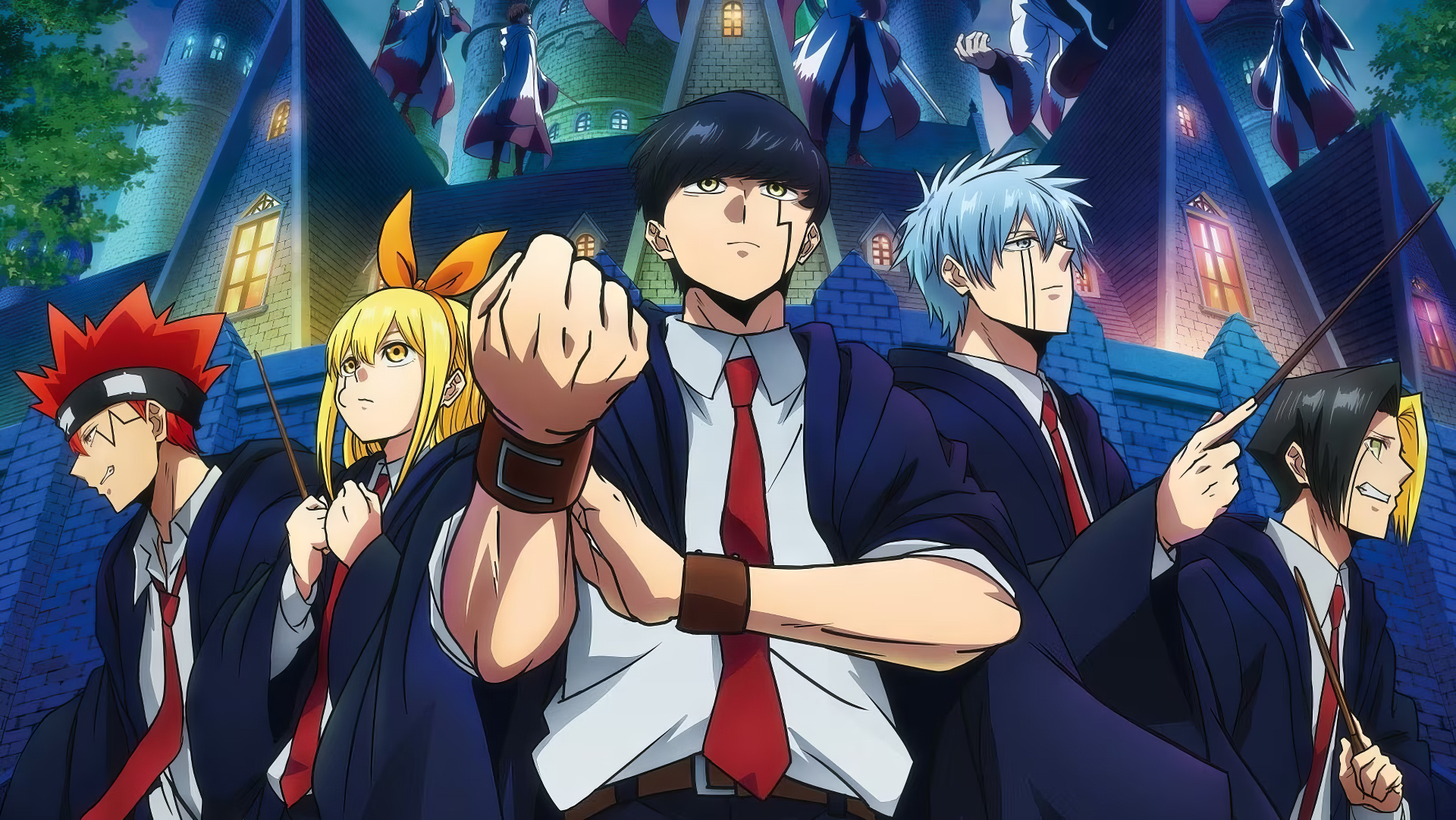 HD wallpaper featuring characters from the anime Mashle: Magic and Muscles including central figures Mash Burnedead, Lance Crown, and Dot Barrett, posed confidently against a nighttime magical academy backdrop.
