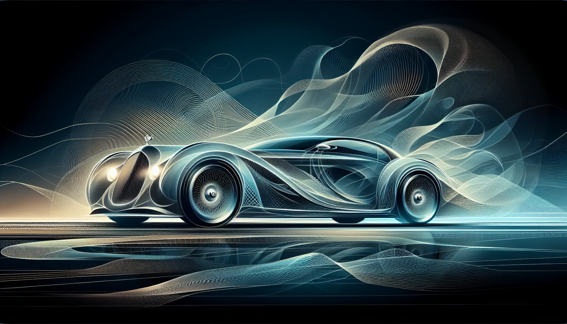 HD desktop wallpaper featuring an artistic rendition of a Rolls-Royce with dynamic light swirls accentuating its sleek design on a dark background.