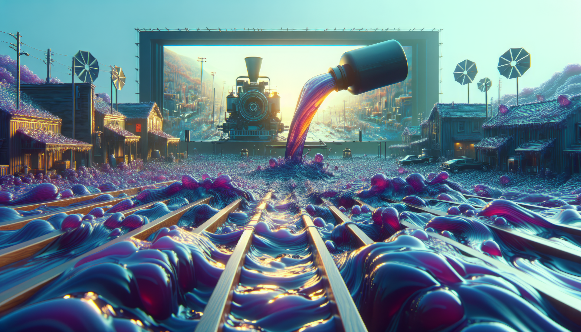 HD wallpaper of syrup pouring over train tracks, creating a vibrant purple scene for a desktop background.
