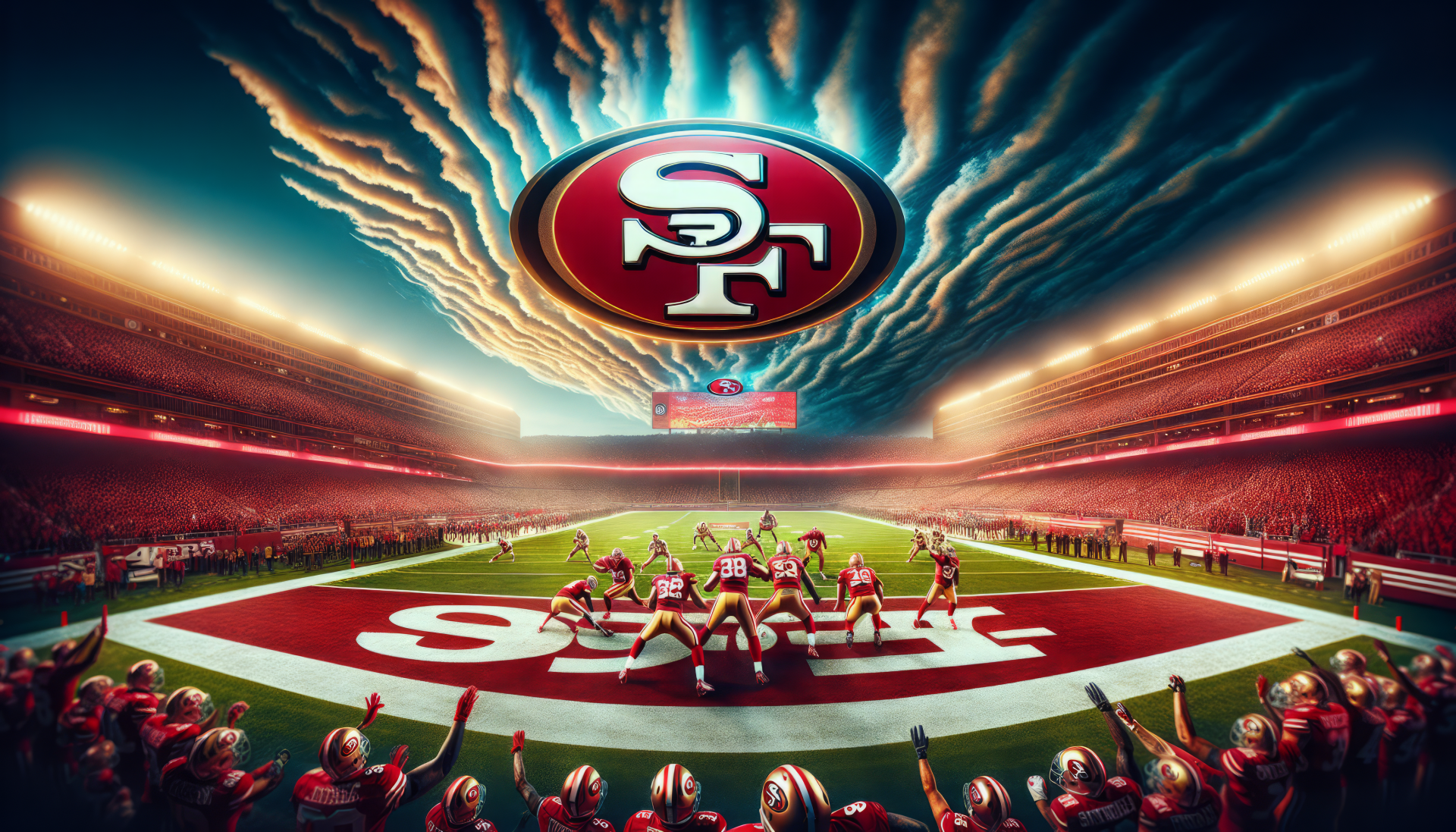 San Francisco 49ers HD desktop wallpaper featuring team logo above the stadium with dramatic lighting and enthusiastic fans in the stands.