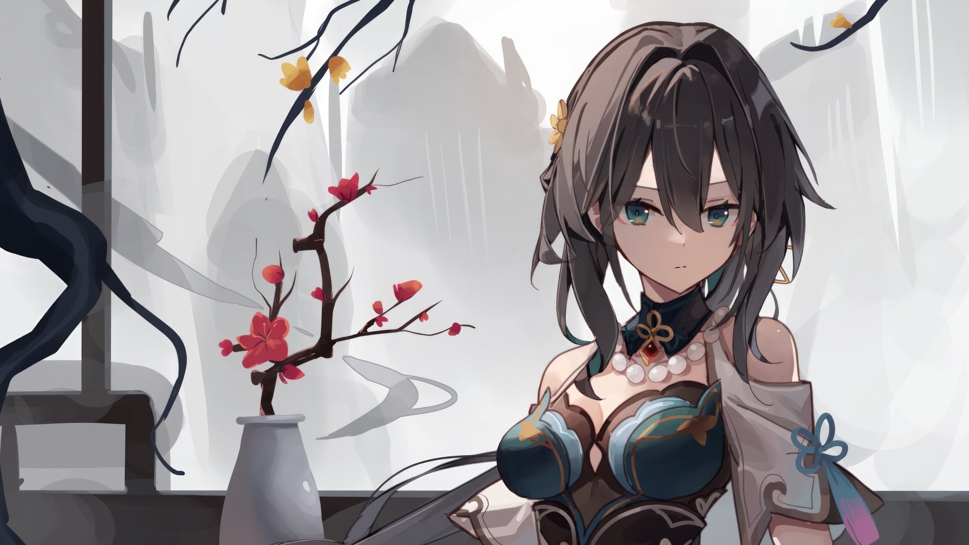 A stunning HD wallpaper from Honkai: Star Rail featuring Ruan Mei, set against a serene backdrop with delicate flowers and a tranquil atmosphere.