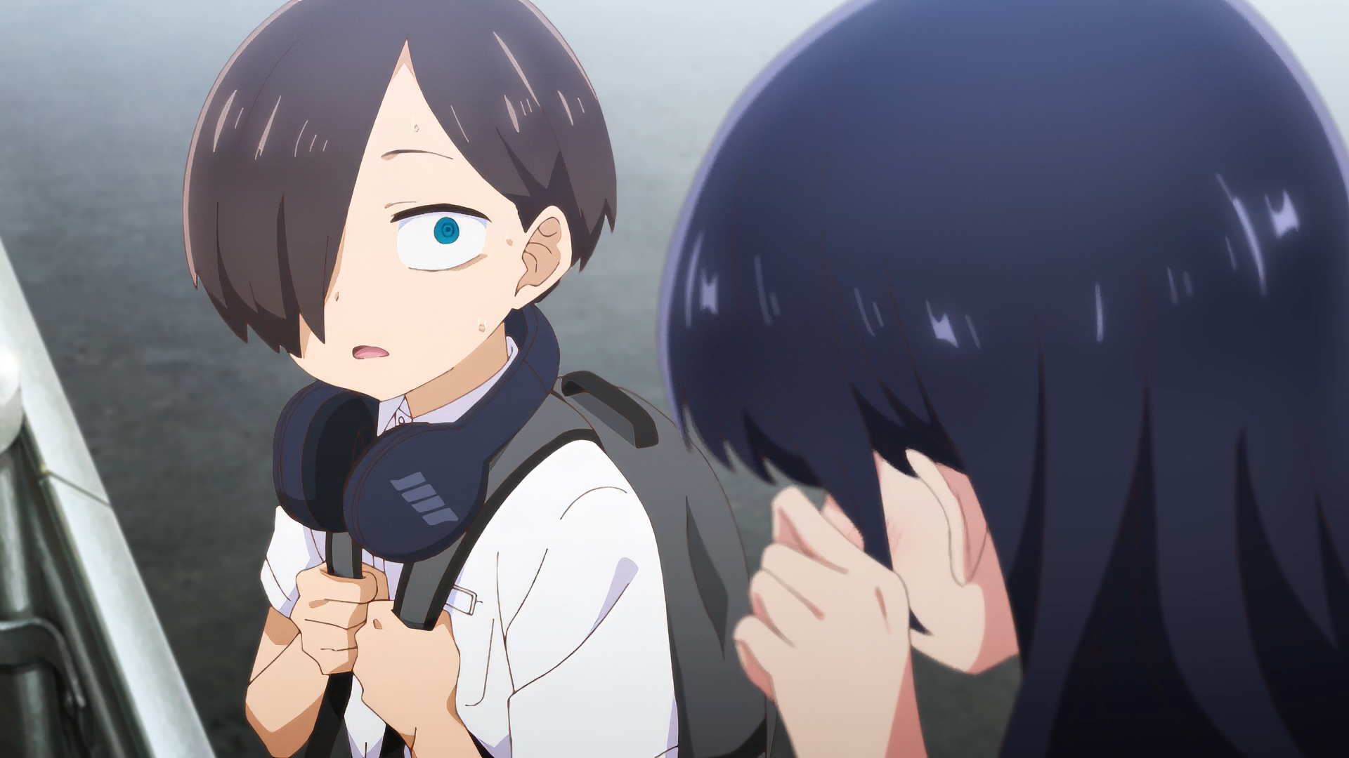 HD desktop wallpaper featuring a scene from the anime The Dangers in My Heart with a surprised Ichikawa Kyoutarou looking at a character off-screen.