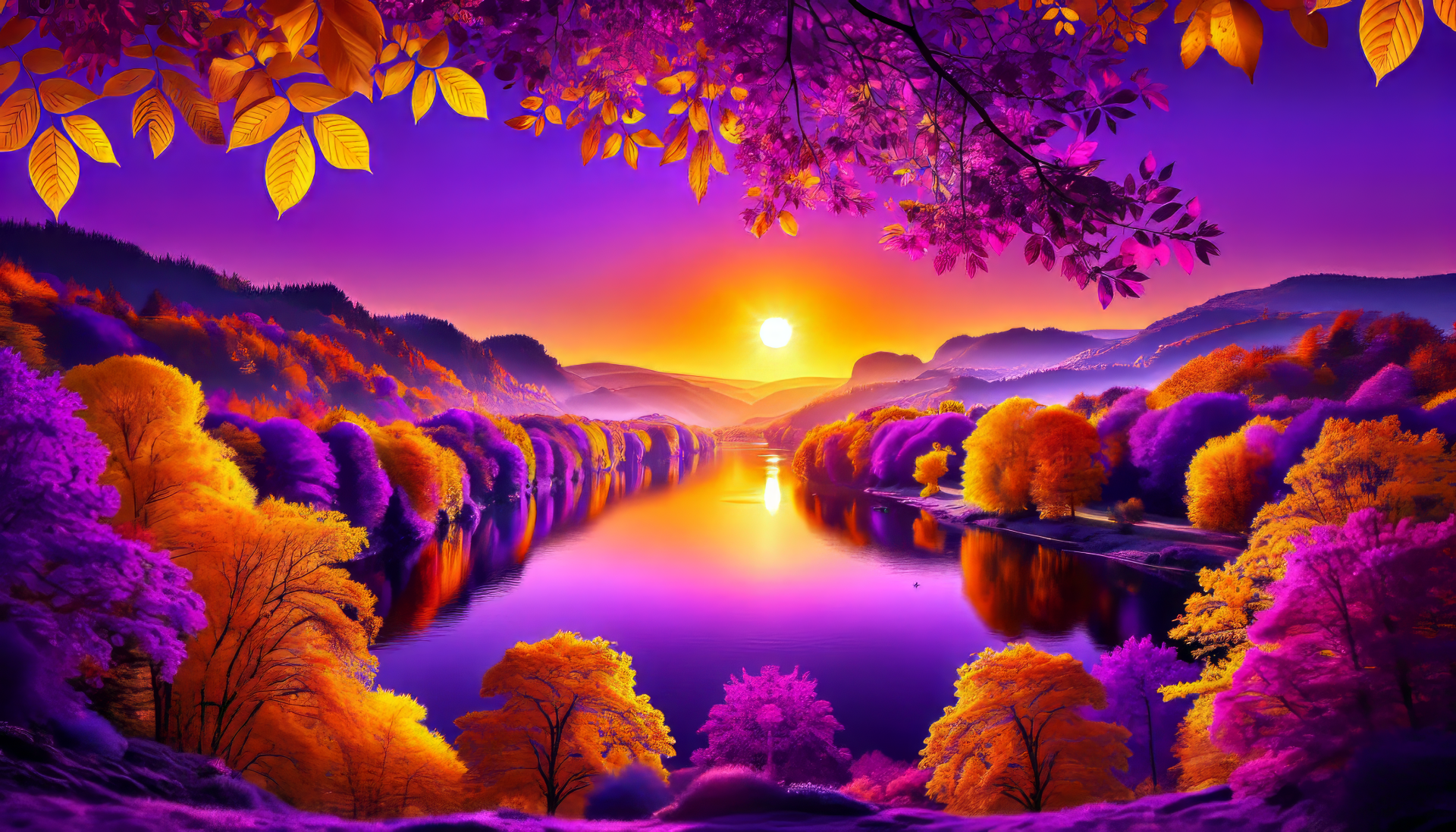 Vibrant fall scenery HD desktop wallpaper featuring a sunset over a river with colorful autumn trees.