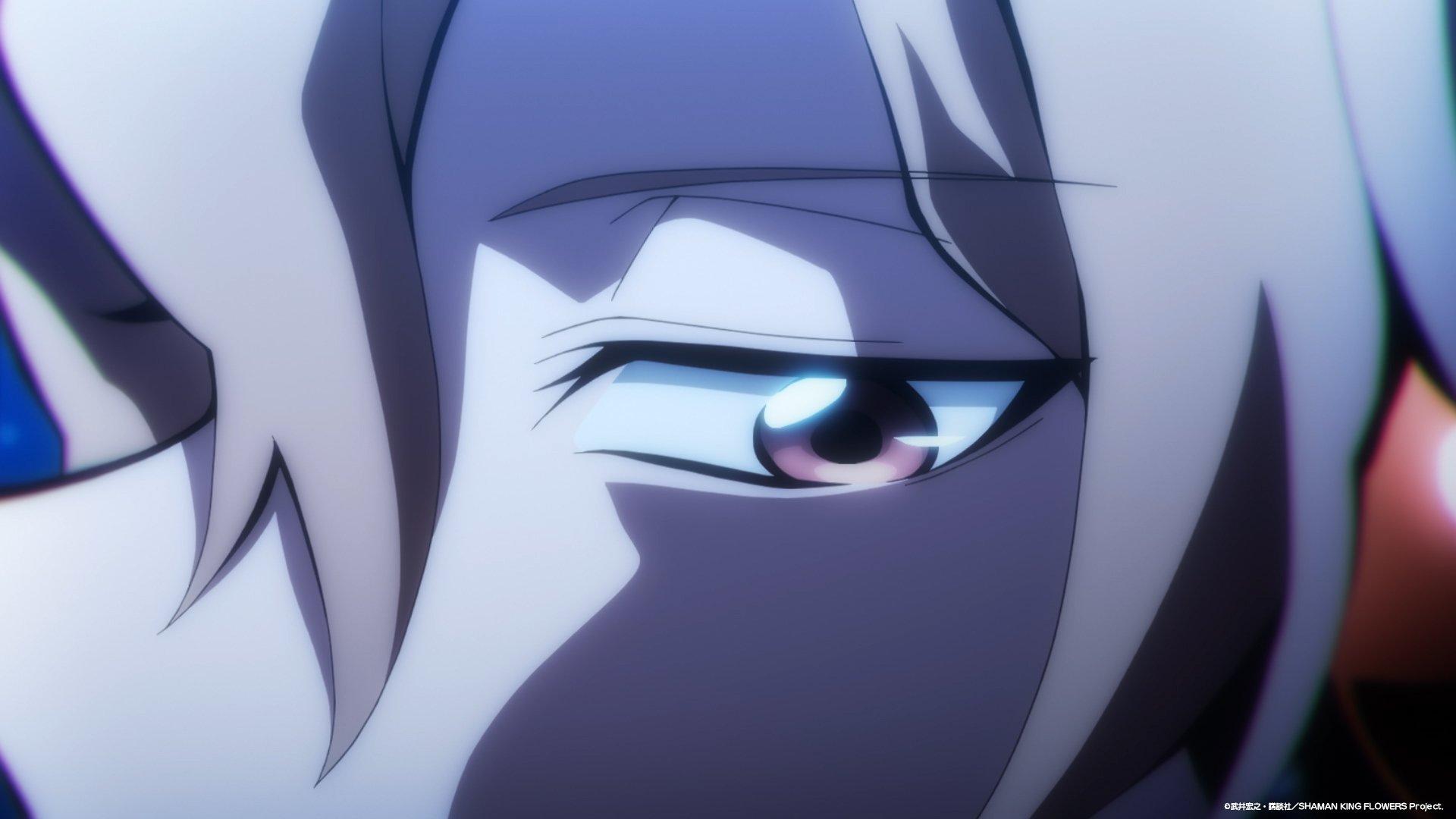 Close-up anime character eye from Shaman King Flowers, HD desktop wallpaper background.