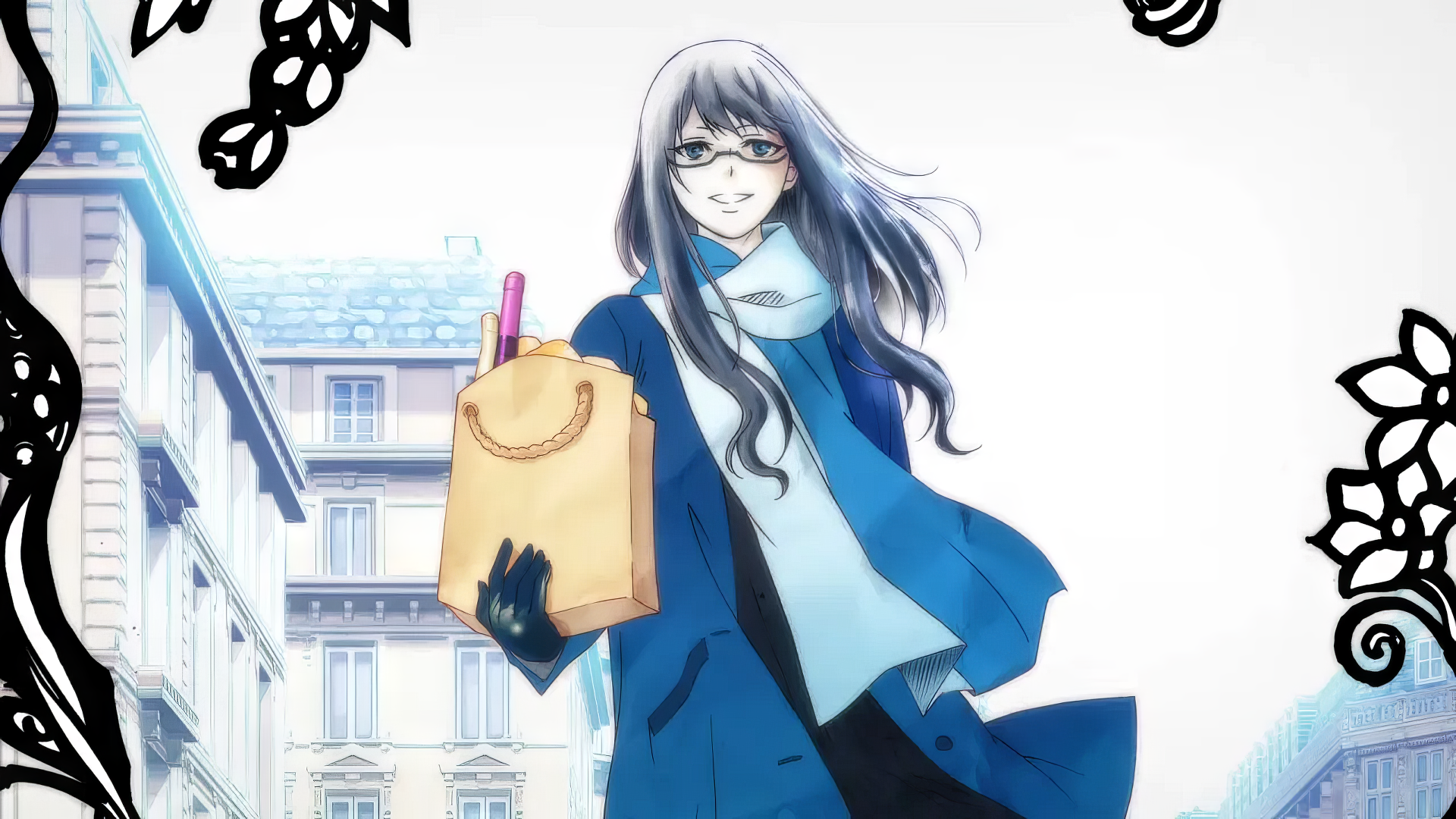 HD anime wallpaper featuring a stylish character from 'The Witch and the Beast' with a shopping bag, set against a European cityscape background.