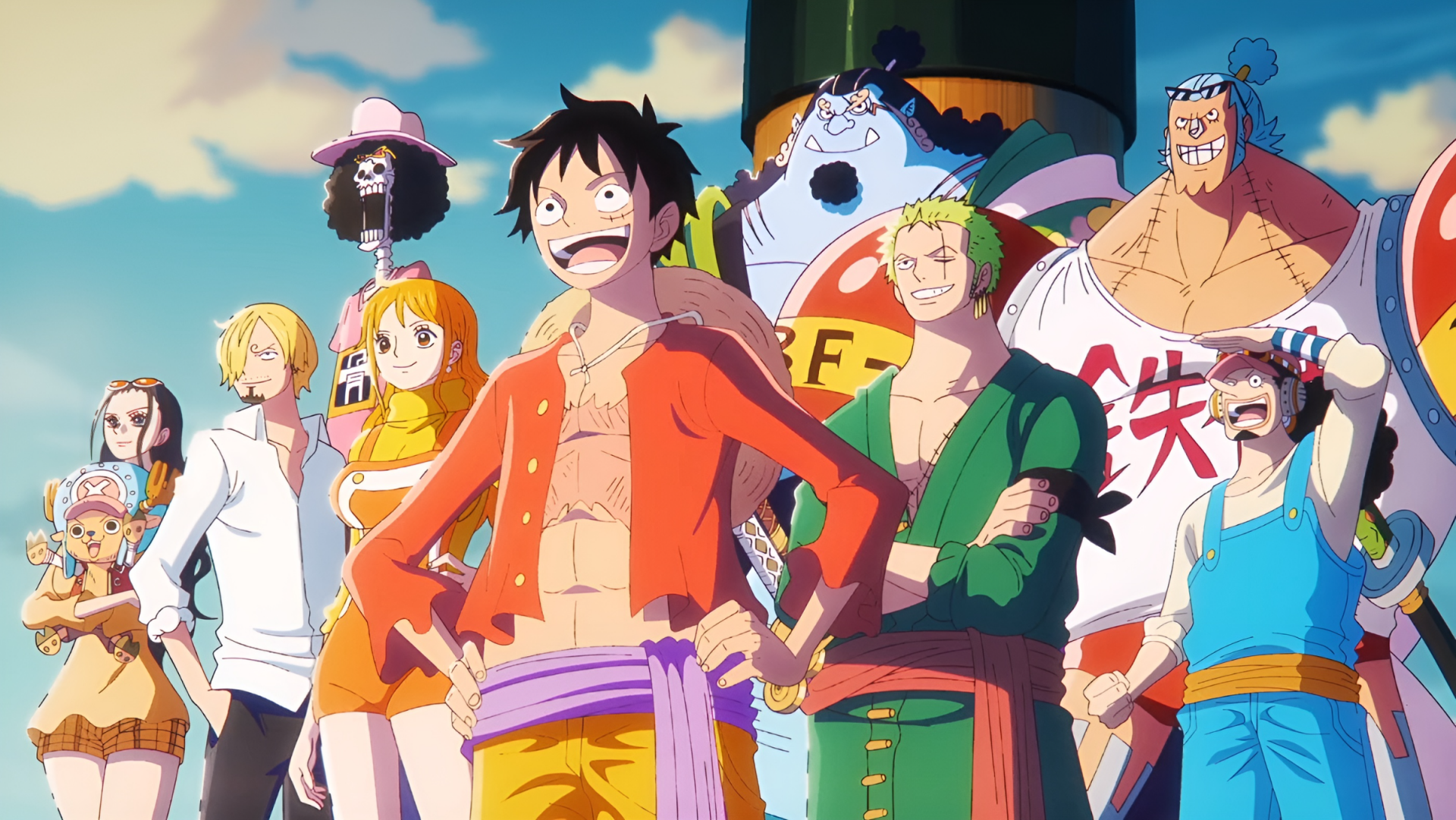 HD PC desktop wallpaper featuring the main crew from the anime One Piece standing together with a bright sky background.