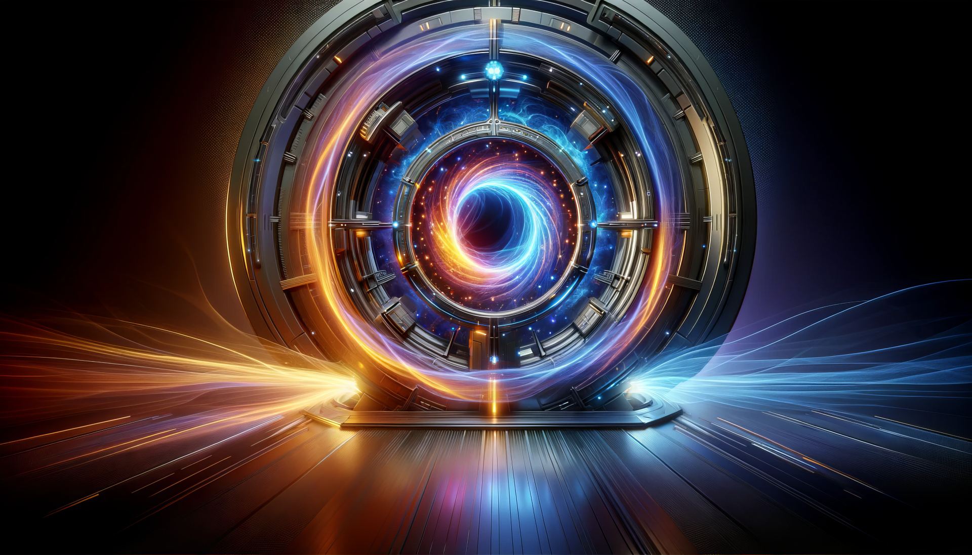 Stunning HD sci-fi portal wallpaper with vibrant blue and orange light streams emanating from a futuristic circular portal for desktop background.