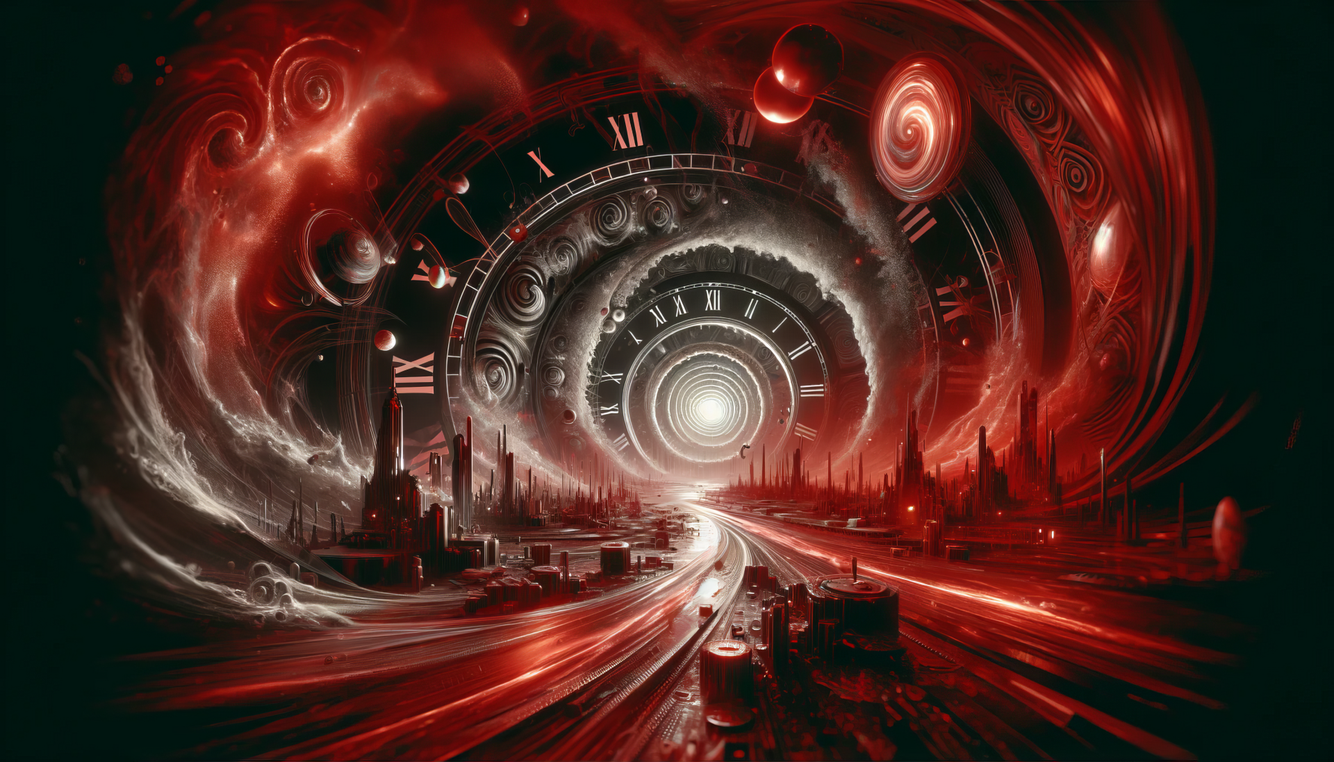 A captivating sci-fi scene depicting a swirling vortex of time travel, featuring planets, clocks, and a radiant center, all set against a dramatic red and black backdrop.
