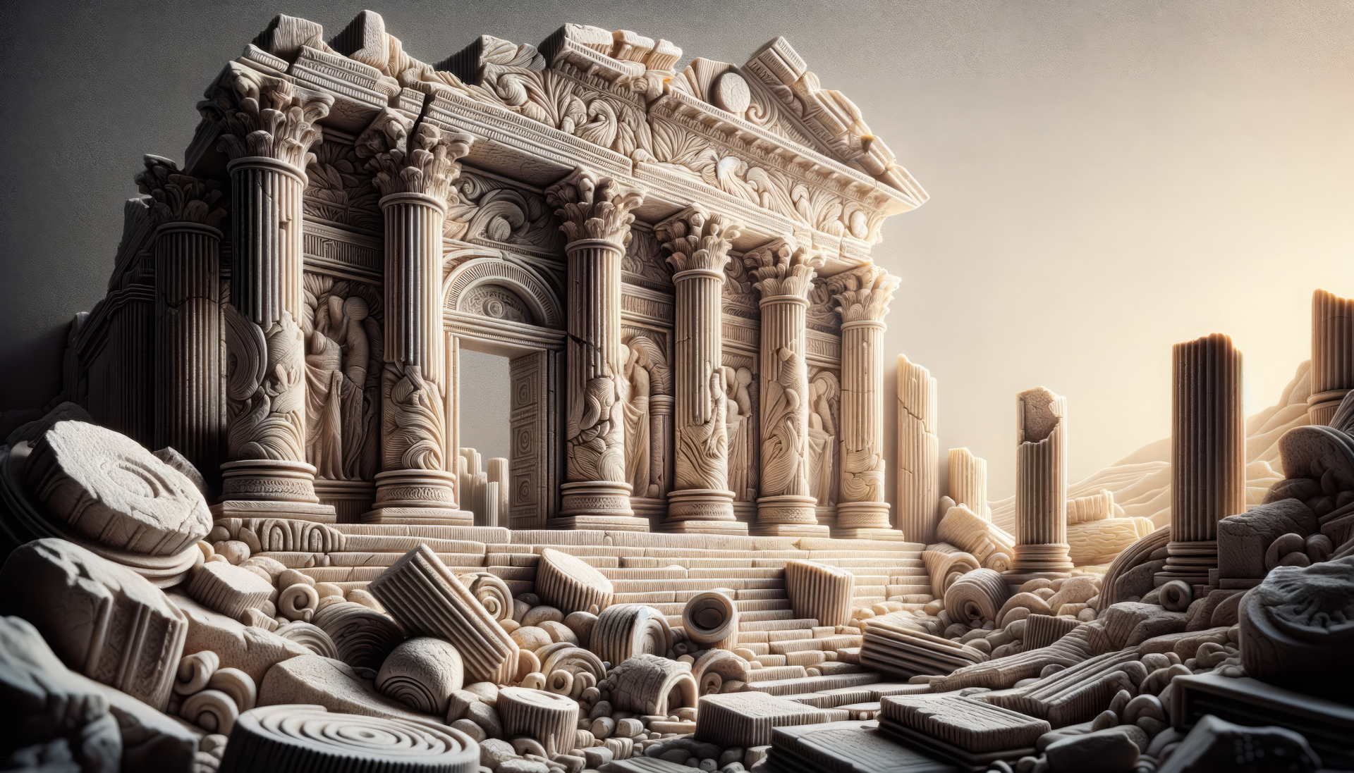 HD desktop wallpaper of ancient ruins with intricately carved pillars and scattered architectural fragments.