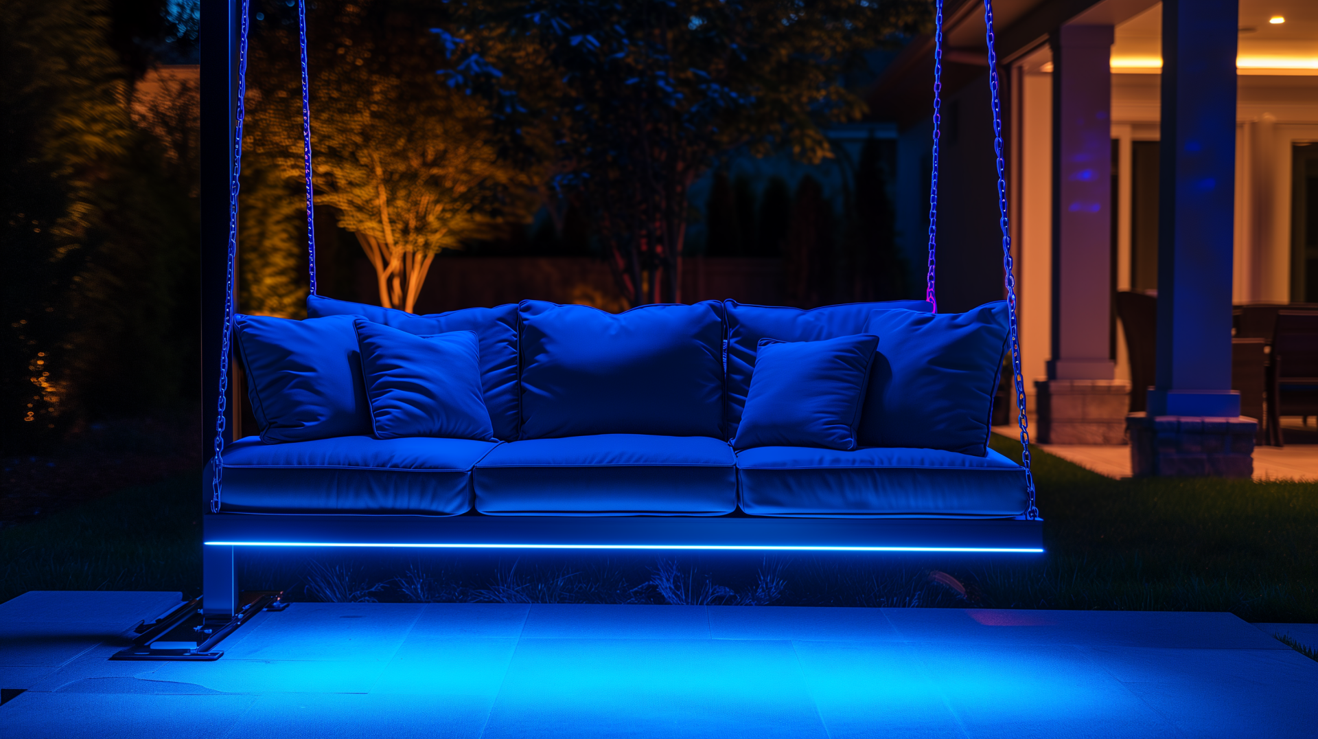 A stylish patio swing illuminated by vibrant blue lights, set against a serene outdoor backdrop, showcasing a cozy and inviting atmosphere for relaxation. HD desktop wallpaper and background.