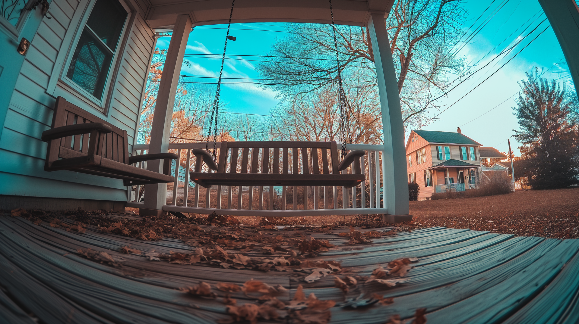 HD Wallpaper of a cozy porch swing bench with autumn leaves on a wooden deck, capturing serene suburban life.