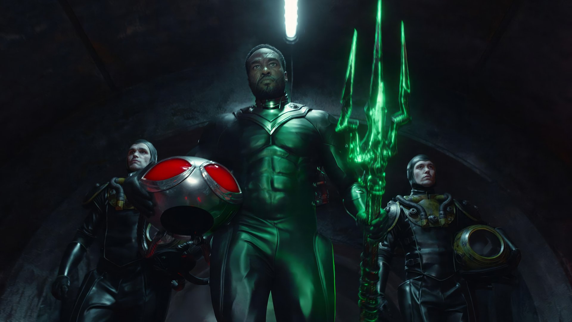 HD wallpaper featuring characters from Aquaman and The Lost Kingdom movie, highlighting Black Manta with a glowing trident.