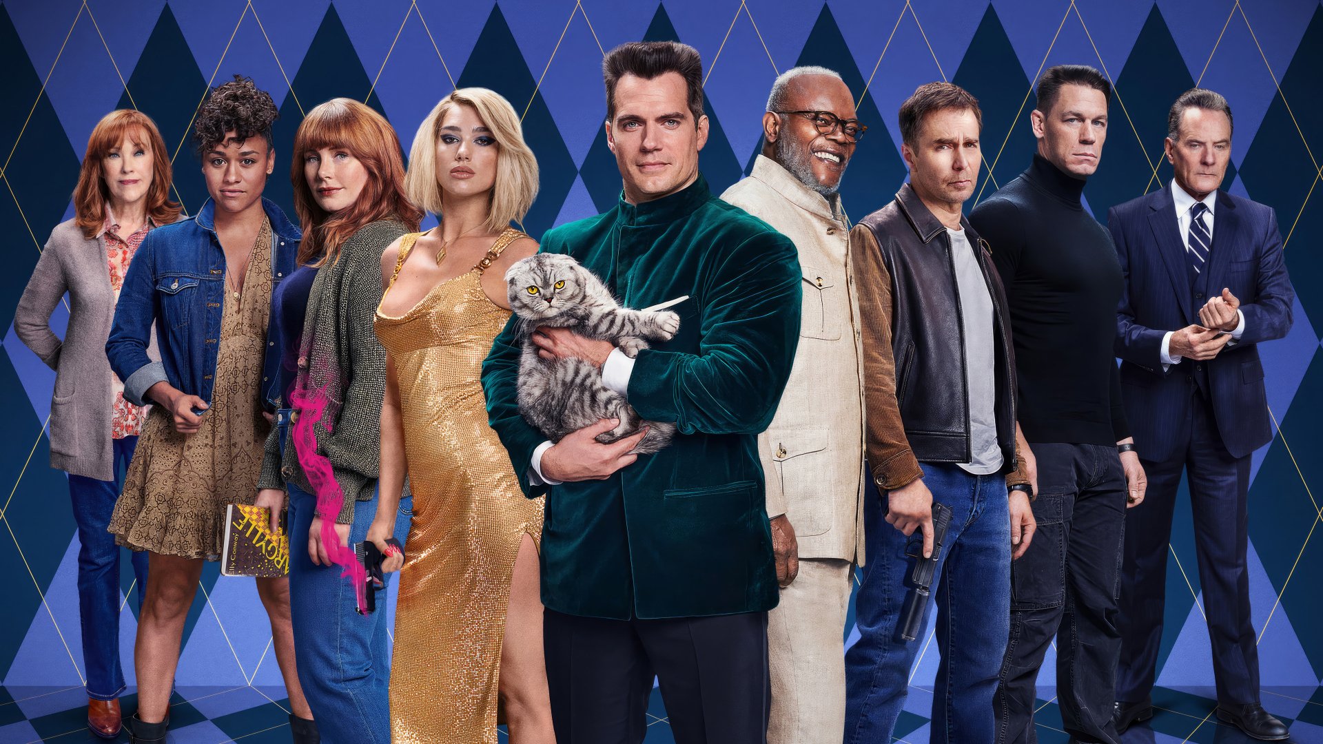 HD desktop wallpaper featuring the ensemble cast of the movie Argylle against a geometric patterned background.