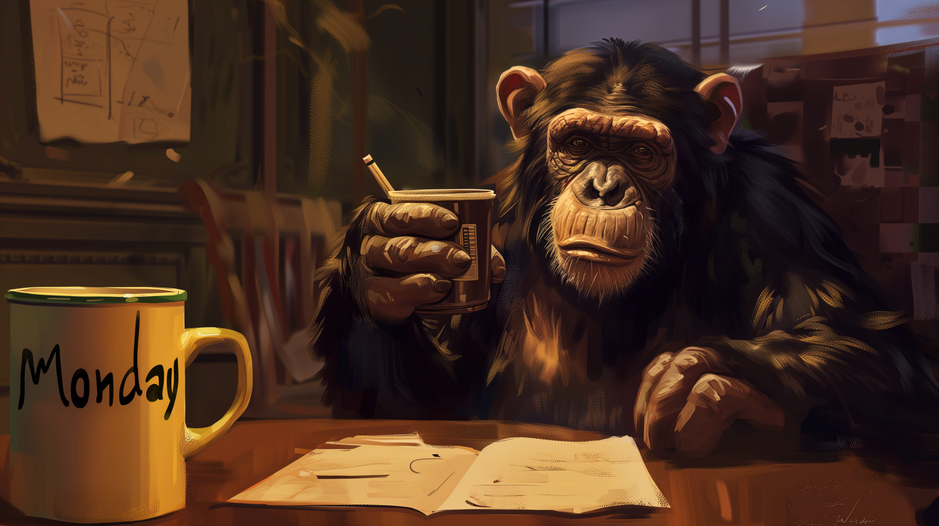 Chimpanzee with a coffee cup and a 'Monday' mug as a desktop wallpaper, depicting a relaxed start to the week.