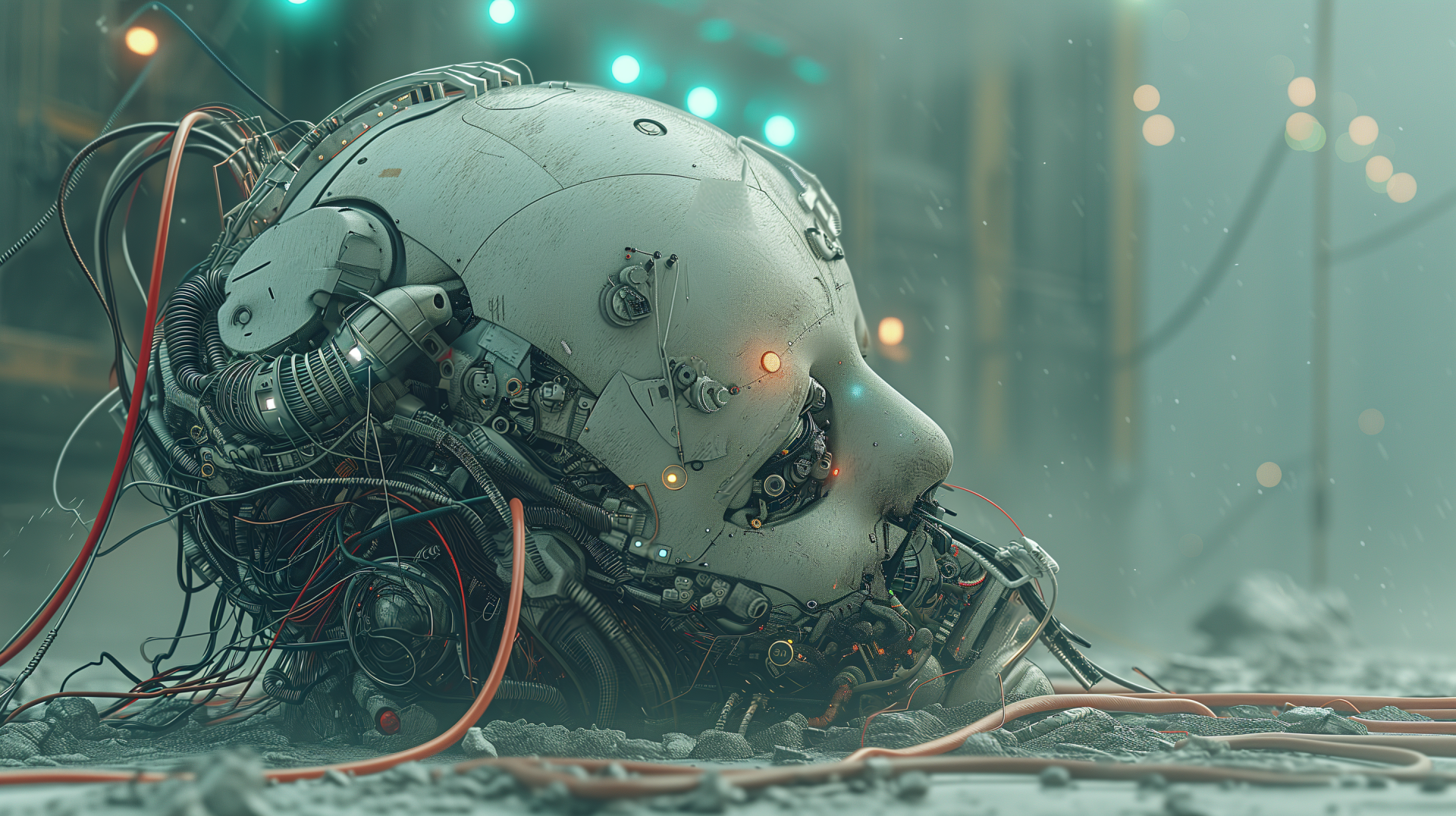 A detailed, high-definition image of a robotic head lying in ruins, showcasing intricate circuitry and glowing elements, set in a futuristic, sci-fi environment.