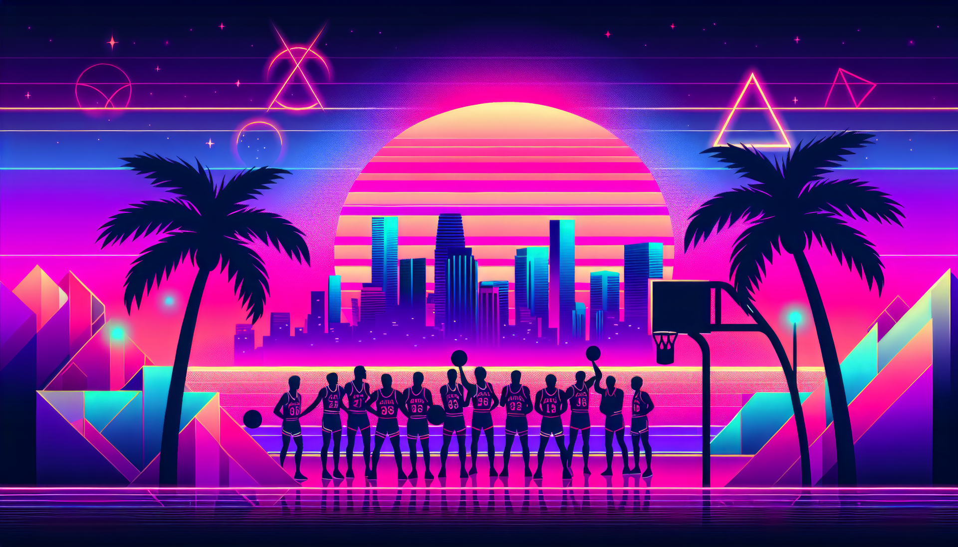 High-definition desktop wallpaper featuring a stylized illustration of Cleveland Cavaliers basketball team with retro-futuristic aesthetics, vibrant sunset, palm trees, and city skyline background.
