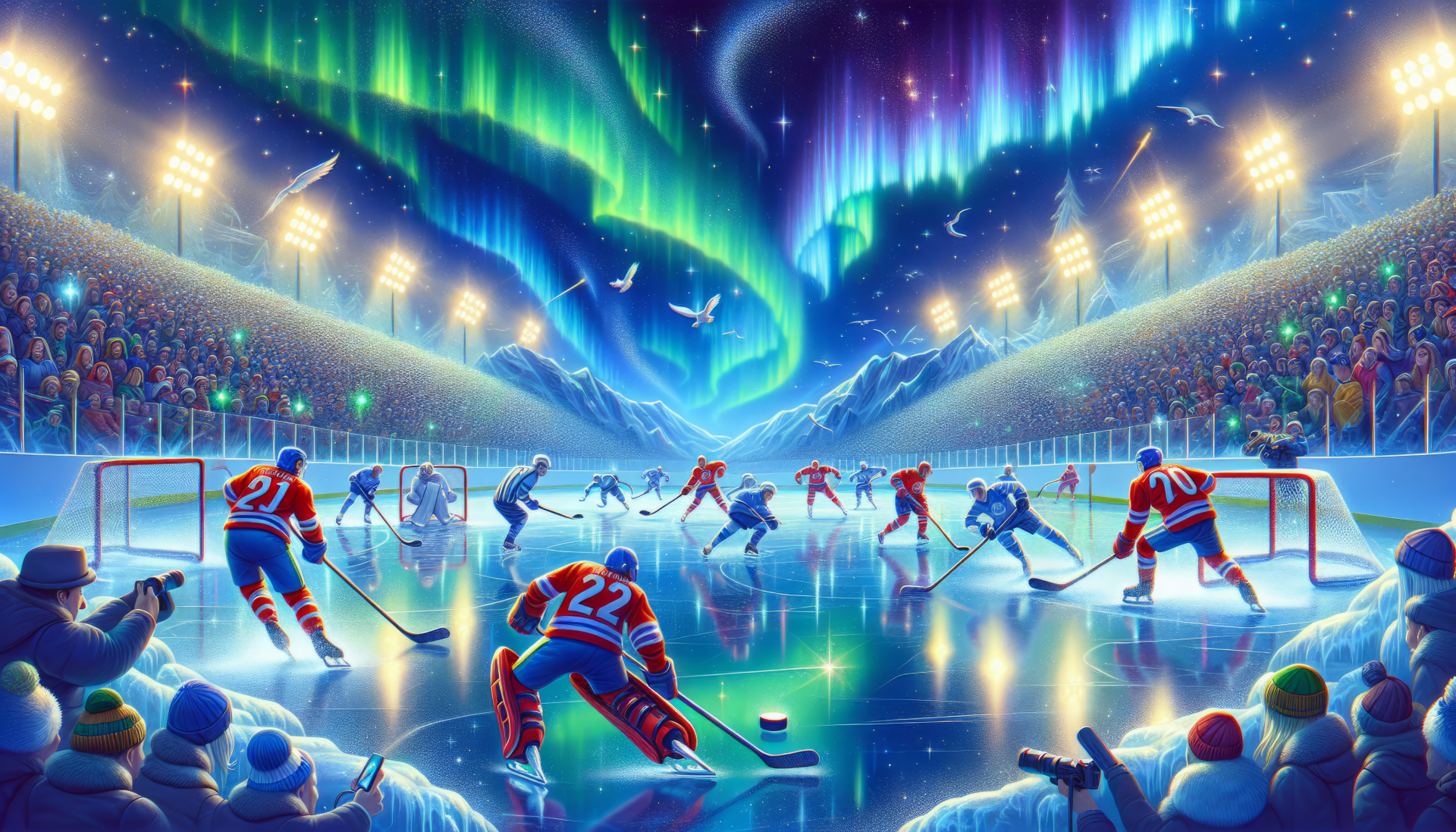NHL ice hockey game HD wallpaper featuring players in action under the aurora borealis for desktop background.