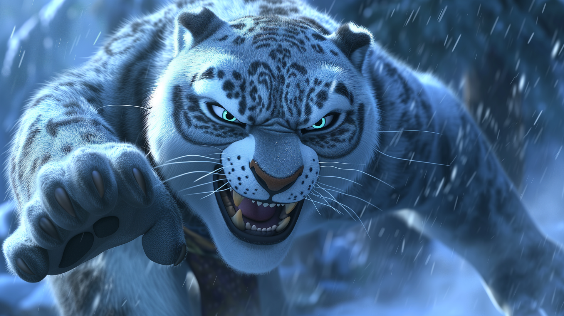 HD wallpaper of a fierce animated tiger character in a snowy setting, possibly from Kung Fu Panda 4.