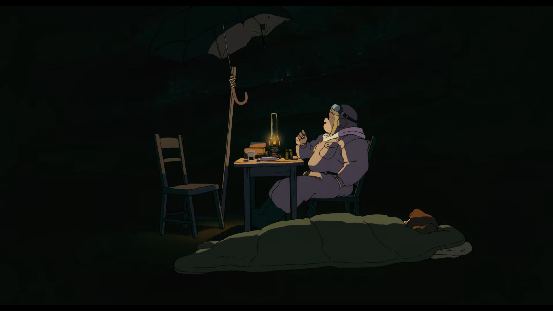 HD PC desktop wallpaper featuring a quiet nighttime scene from Studio Ghibli's Porco Rosso, showing a character sitting at a table with a lamp and food.