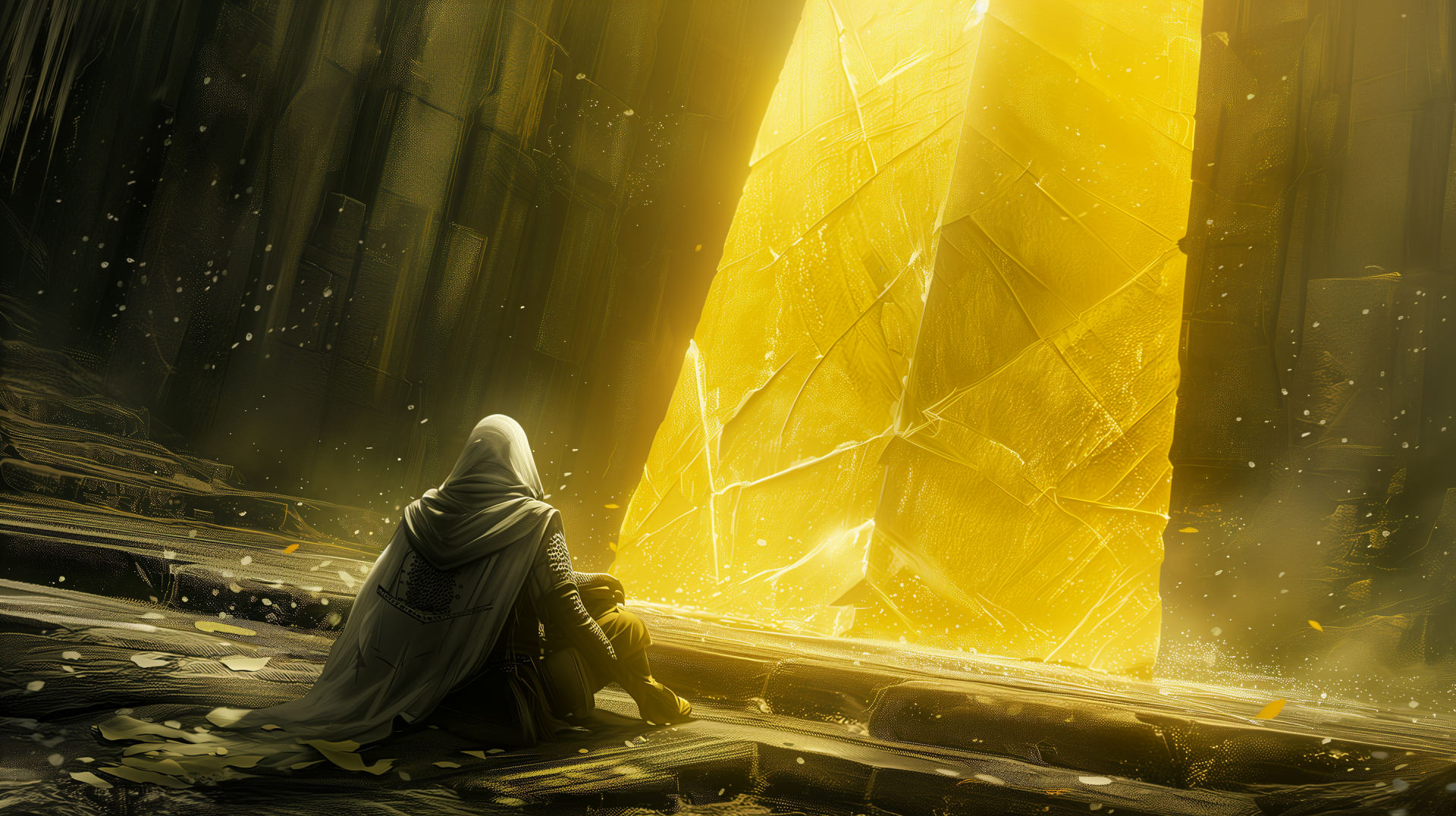 HD wallpaper featuring a cloaked figure from the video game Elden Ring, gazing at a giant, glowing golden rune in an atmospheric, dimly lit cavern.