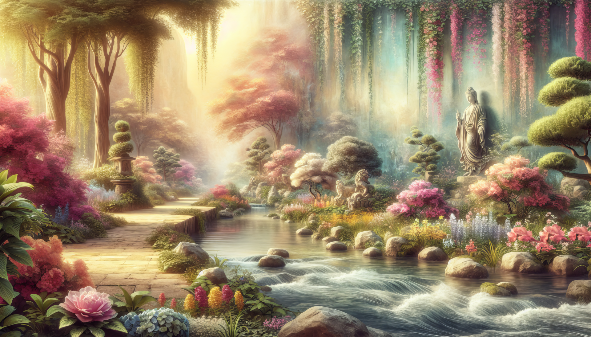 HD desktop wallpaper featuring a tranquil therapeutic garden with a stream, lush foliage, and a calming statue.