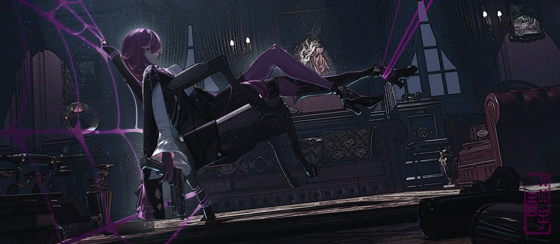 HD PC desktop wallpaper featuring Kafka from Honkai: Star Rail in a dark room with purple neon accents and a mysterious atmosphere.