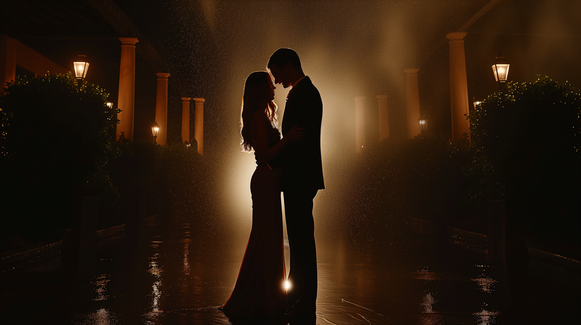 Romantic couple embracing in a dimly lit garden with ambient lights, HD wallpaper.