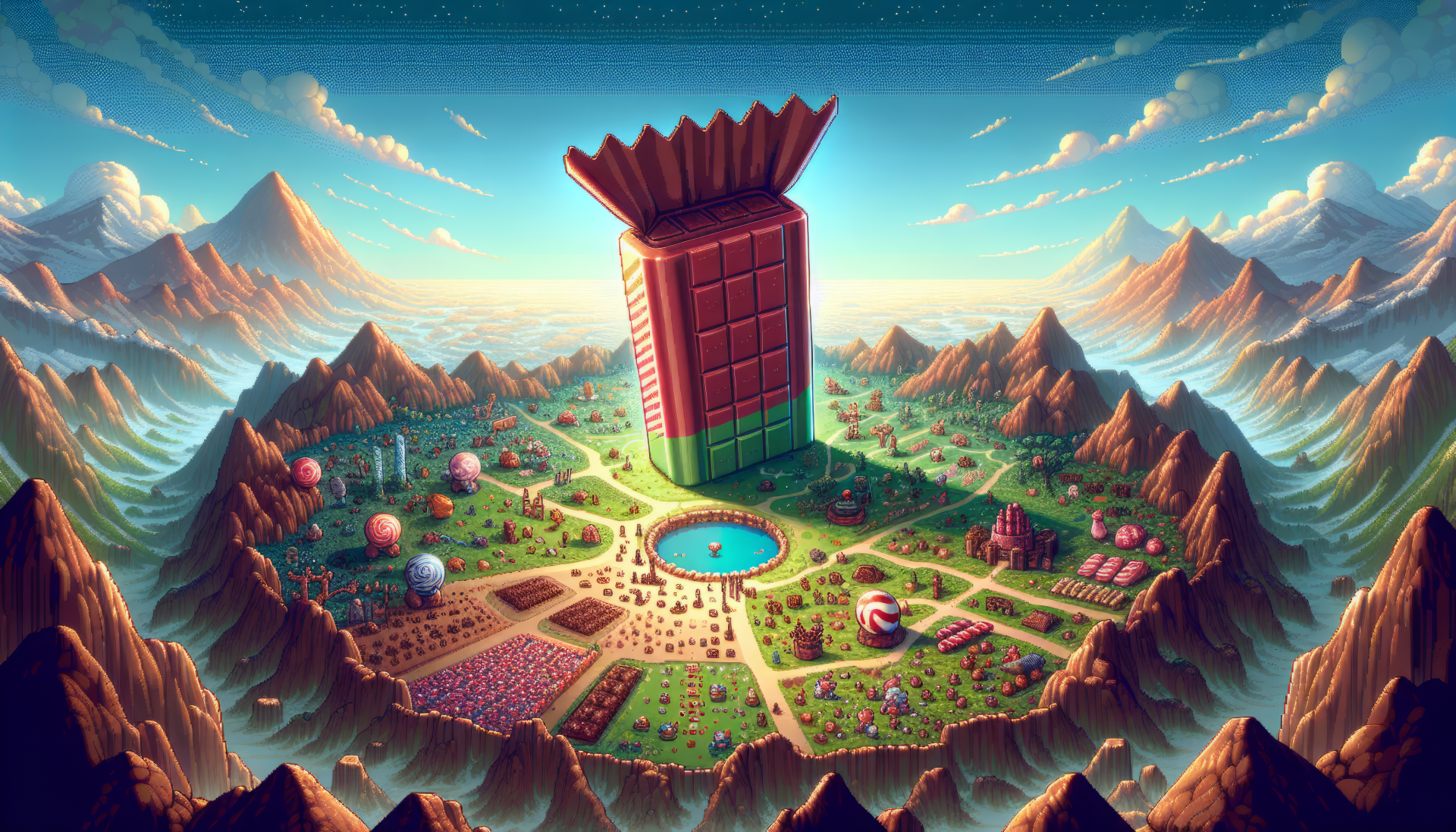 HD wallpaper featuring a fantasy landscape with a towering candy bar structure surrounded by whimsical mountains and a colorful, candy-themed village.
