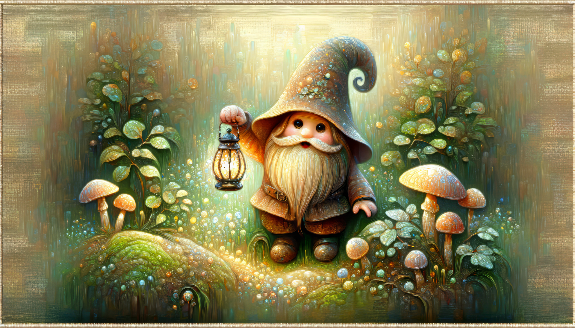 HD desktop wallpaper featuring a whimsical gnome with a lantern amongst mushrooms and greenery.