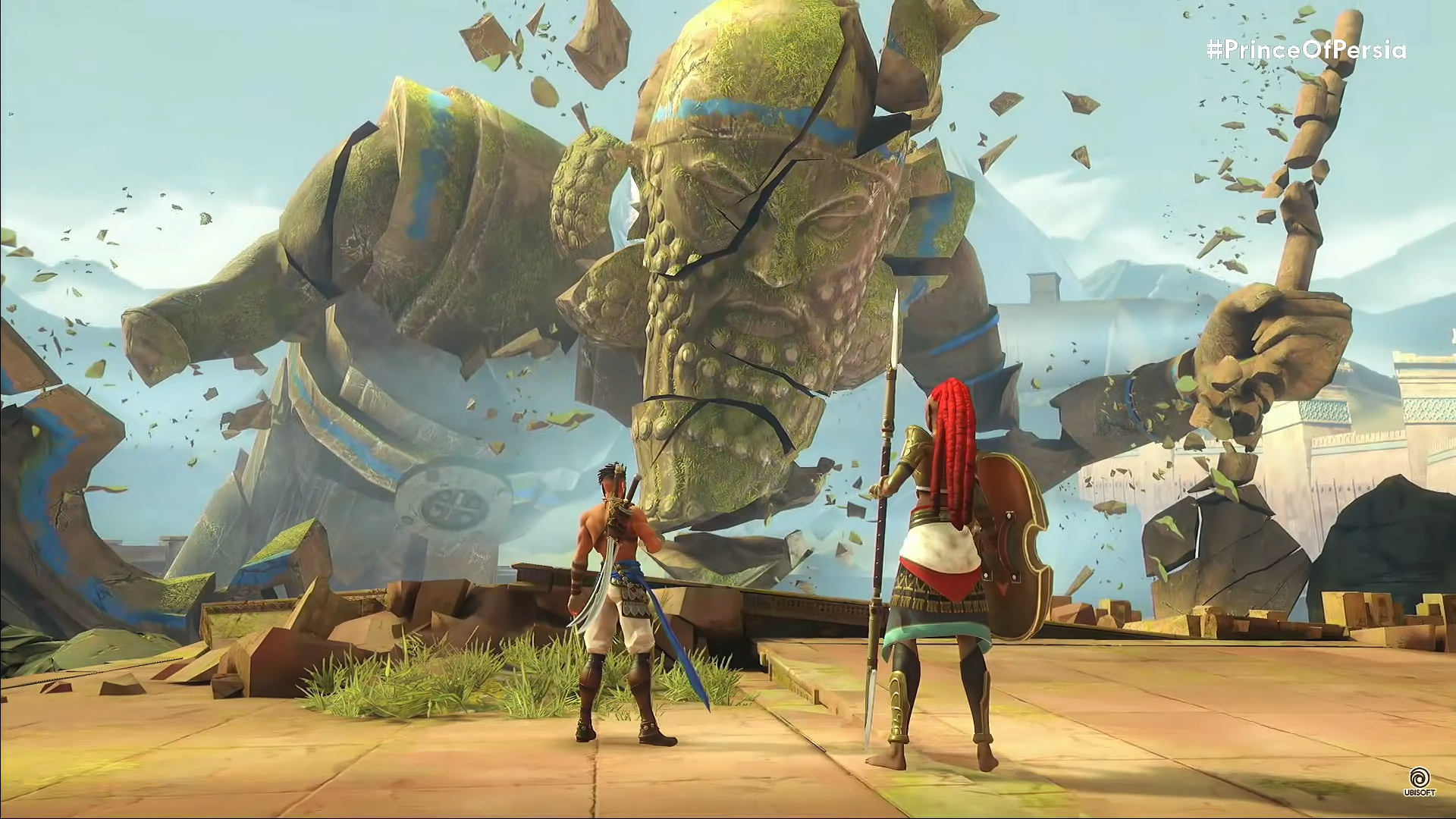 HD wallpaper of 'Prince of Persia: The Lost Crown' featuring game characters in a dynamic pose with a crumbling statue in the background.