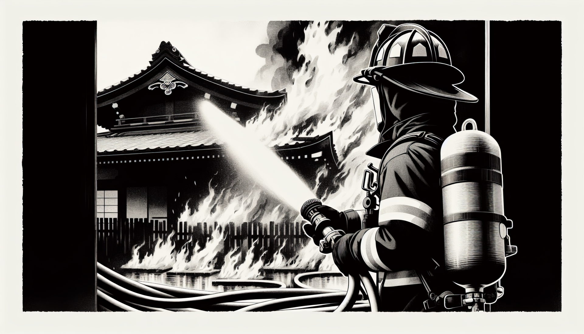 Firefighter spraying water on fire at traditional building, HD black and white desktop wallpaper.